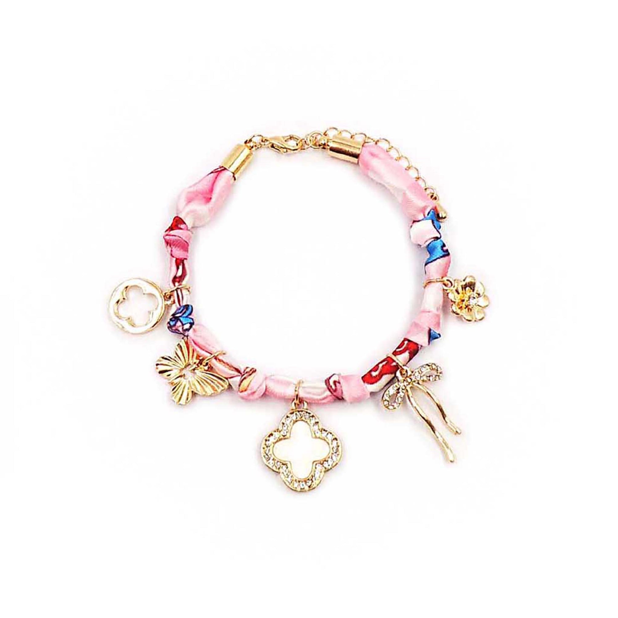 Pink and red scarf-style bracelet with gold butterfly, bow, and floral charms, featuring rhinestone and enamel accents on a gold-tone adjustable chain.