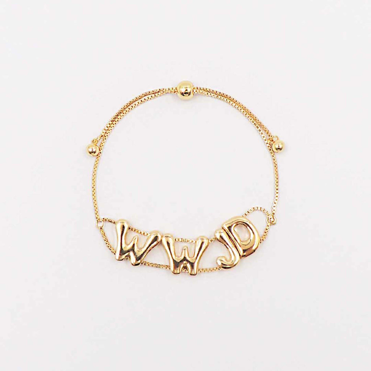 Gold adjustable chain bracelet featuring raised “WWJD” letters in polished gold-tone finish.