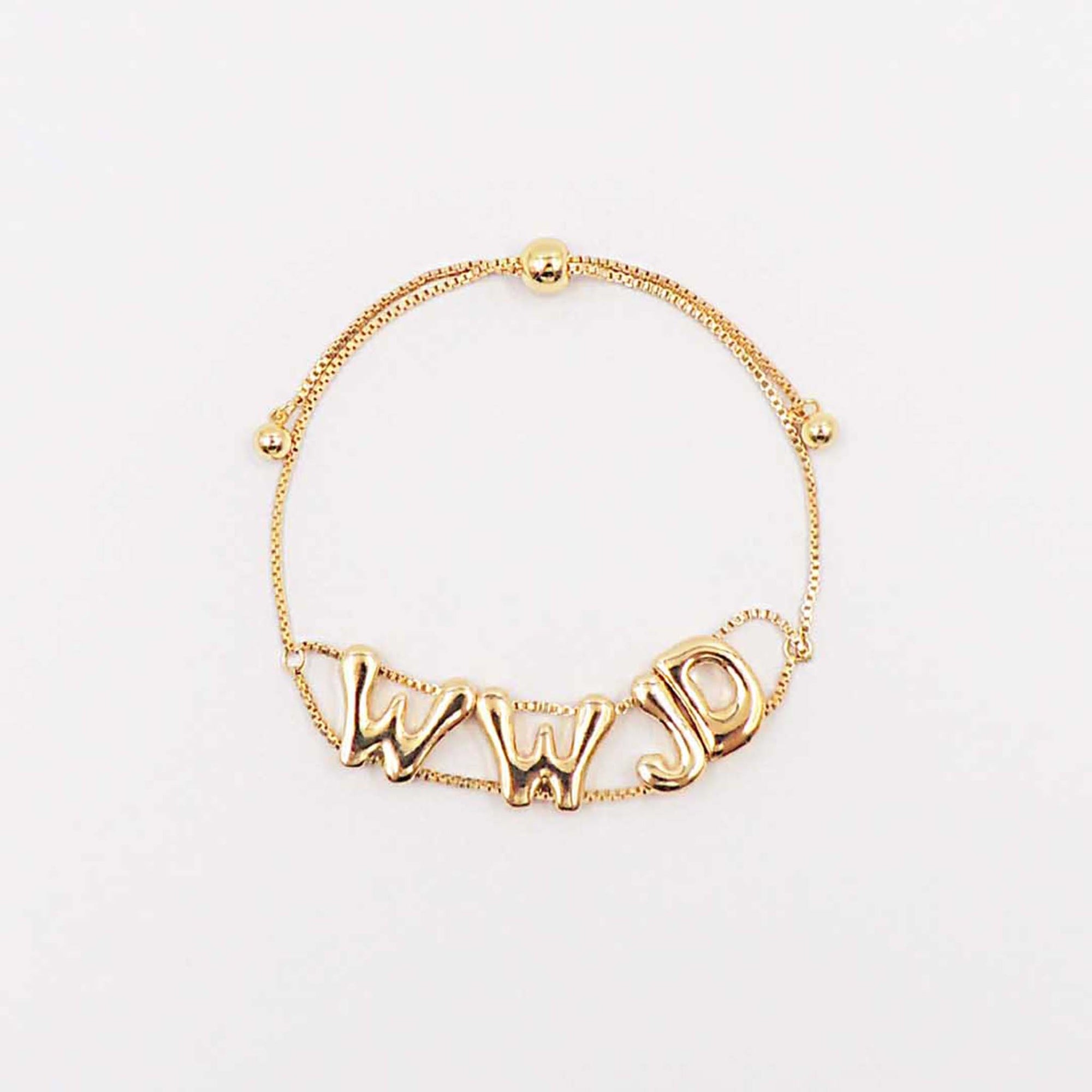 Gold adjustable chain bracelet featuring raised “WWJD” letters in polished gold-tone finish.