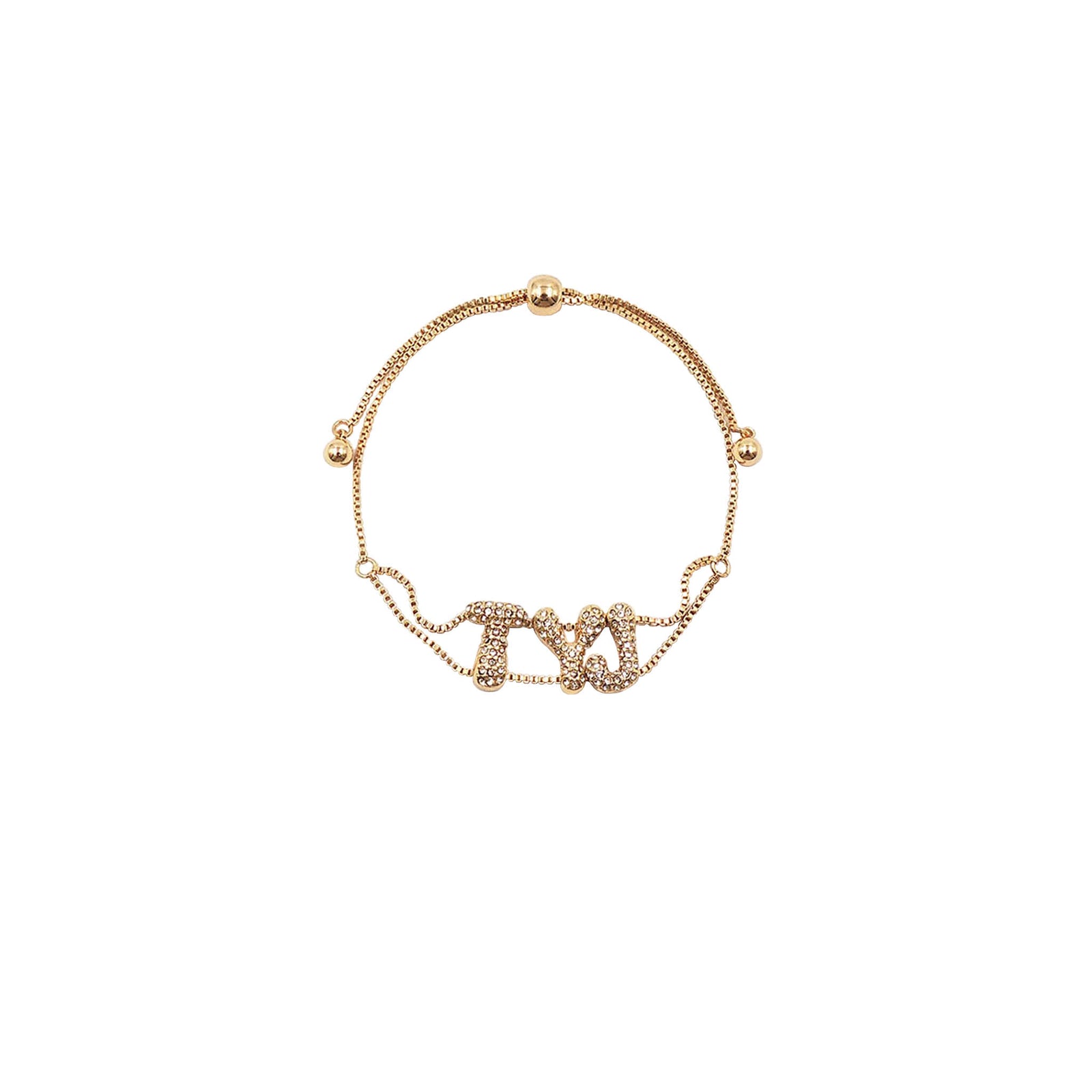 Gold adjustable bracelet with crystal-accented TYJ lettering on a delicate chain displayed on a white background.