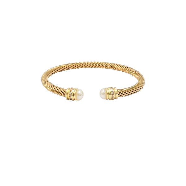 Pearl Accent Twisted Cable Bangle in Gold