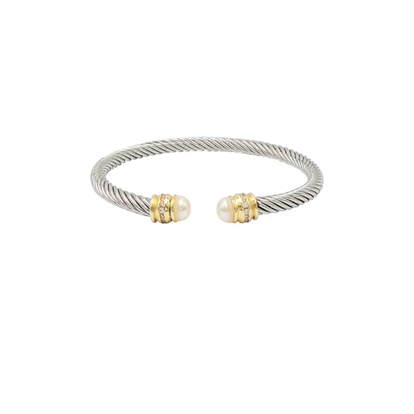 Pearl Accent Twisted Cable Bangle in Silver