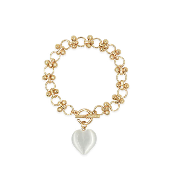 Pearl Heart Charm Gold Link Bracelet