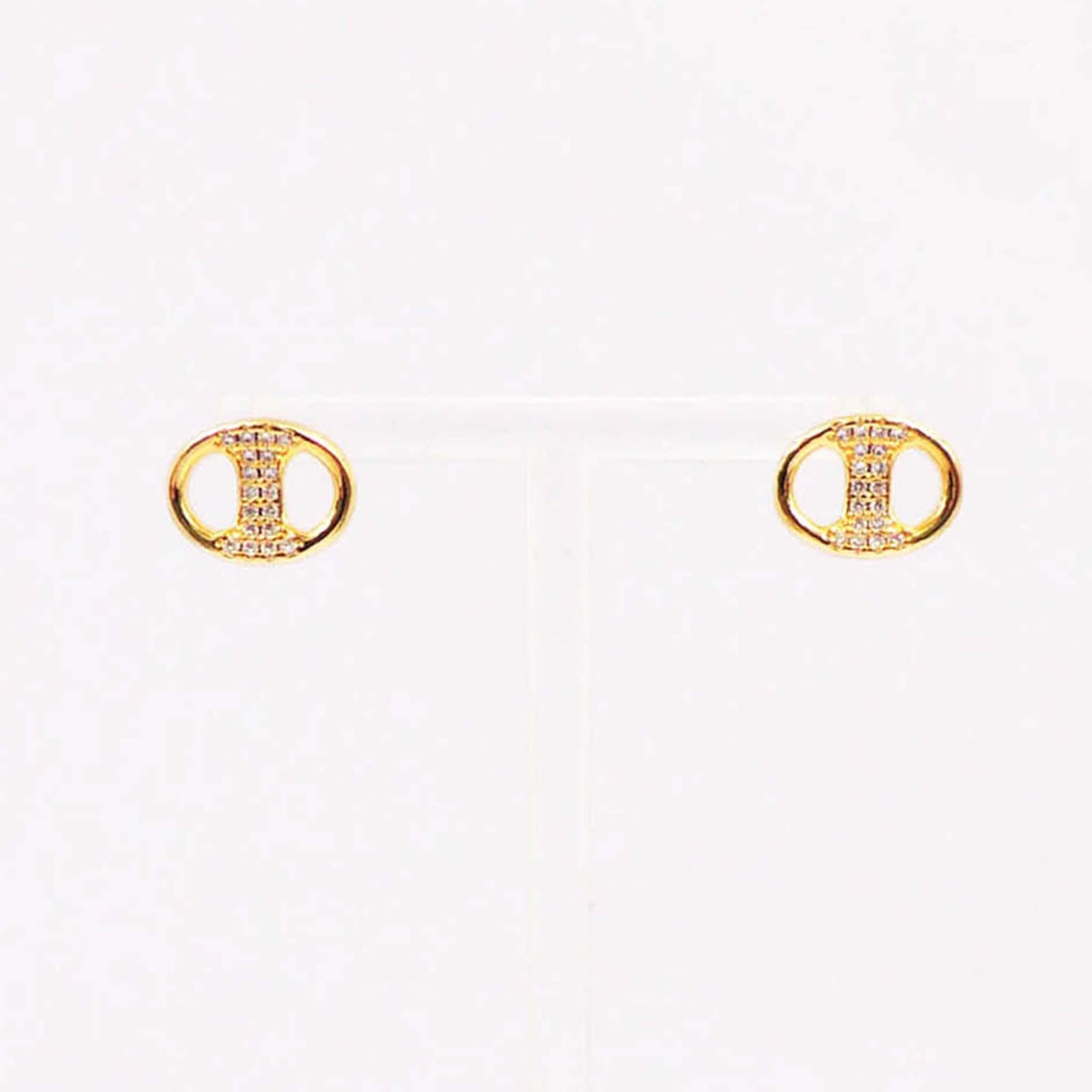 Gold oval stud earrings with pave crystal center design.