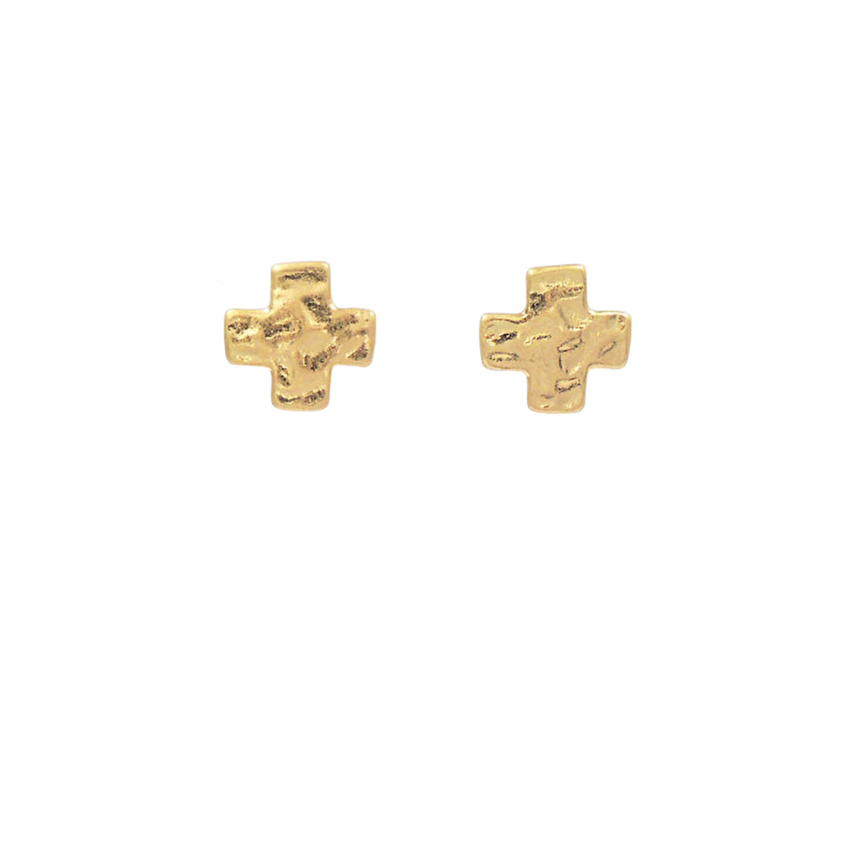 Gold textured cross stud earrings with a hammered finish displayed on a white background.
