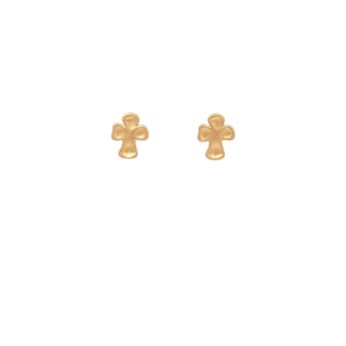 Matte gold cross stud earrings with rounded edges displayed side by side on a white background.