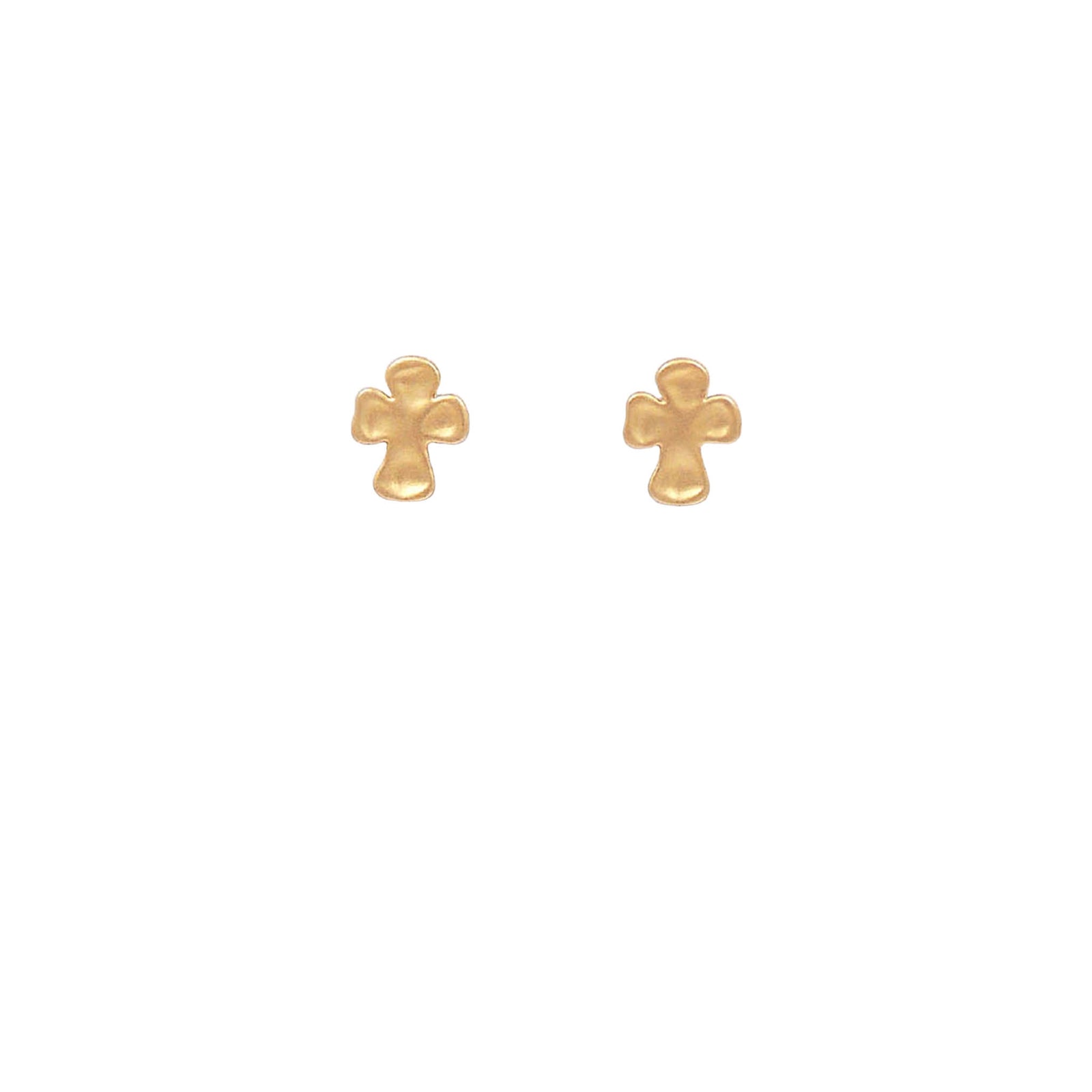Matte gold cross stud earrings with rounded edges displayed side by side on a white background.