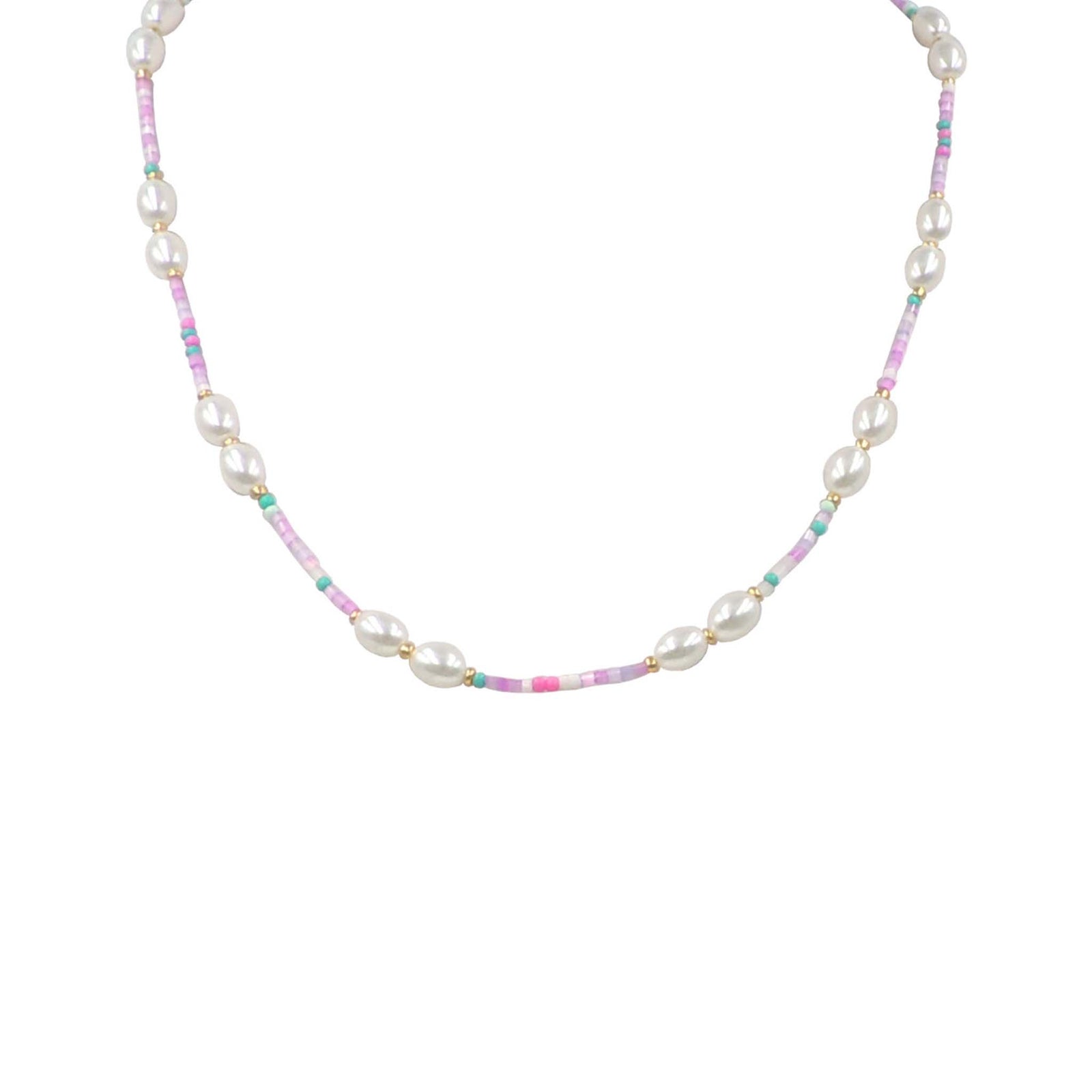 Pearl necklace with multicolored beads on a white background