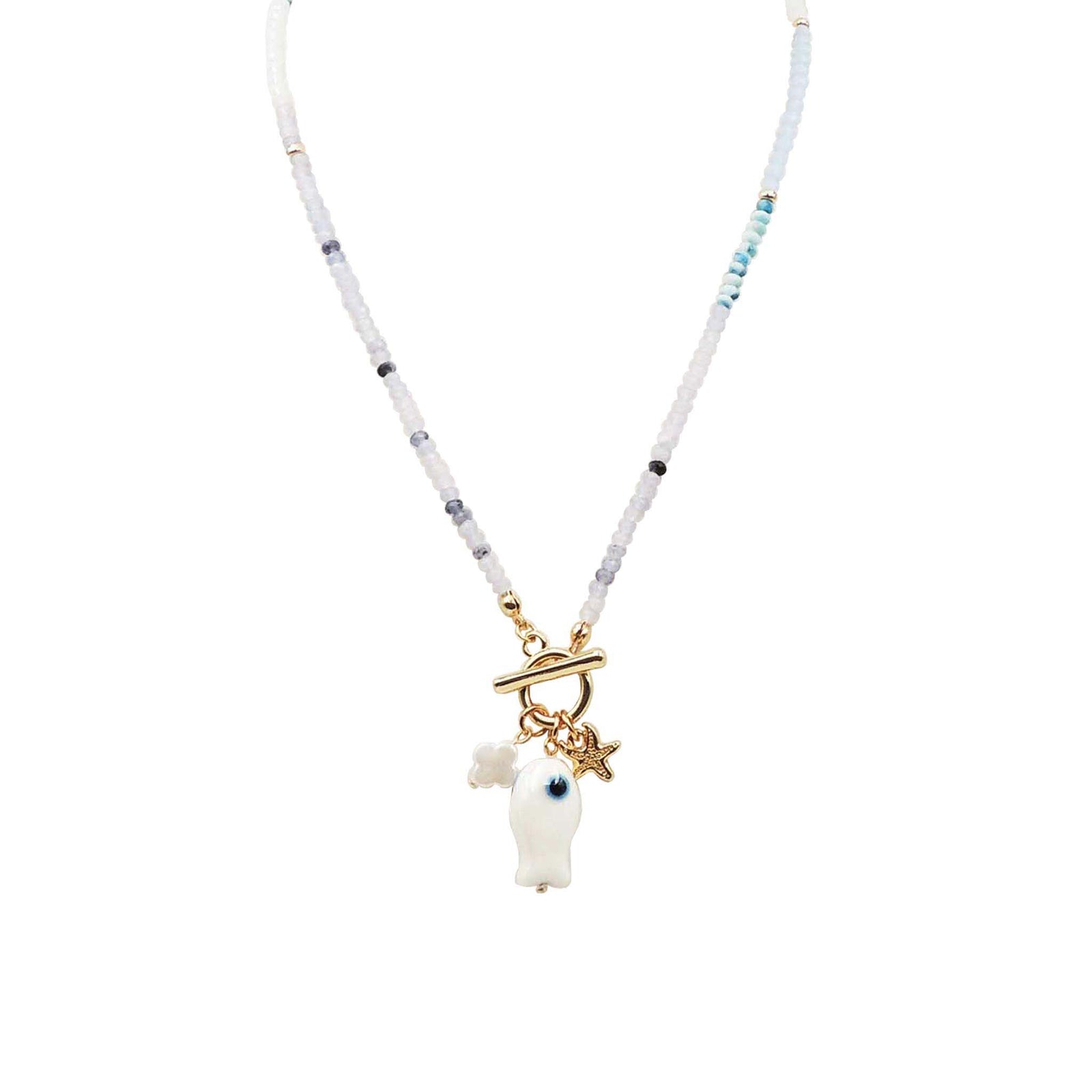 Coastal Charms and white Beaded Necklace with gold accents shown on a white background