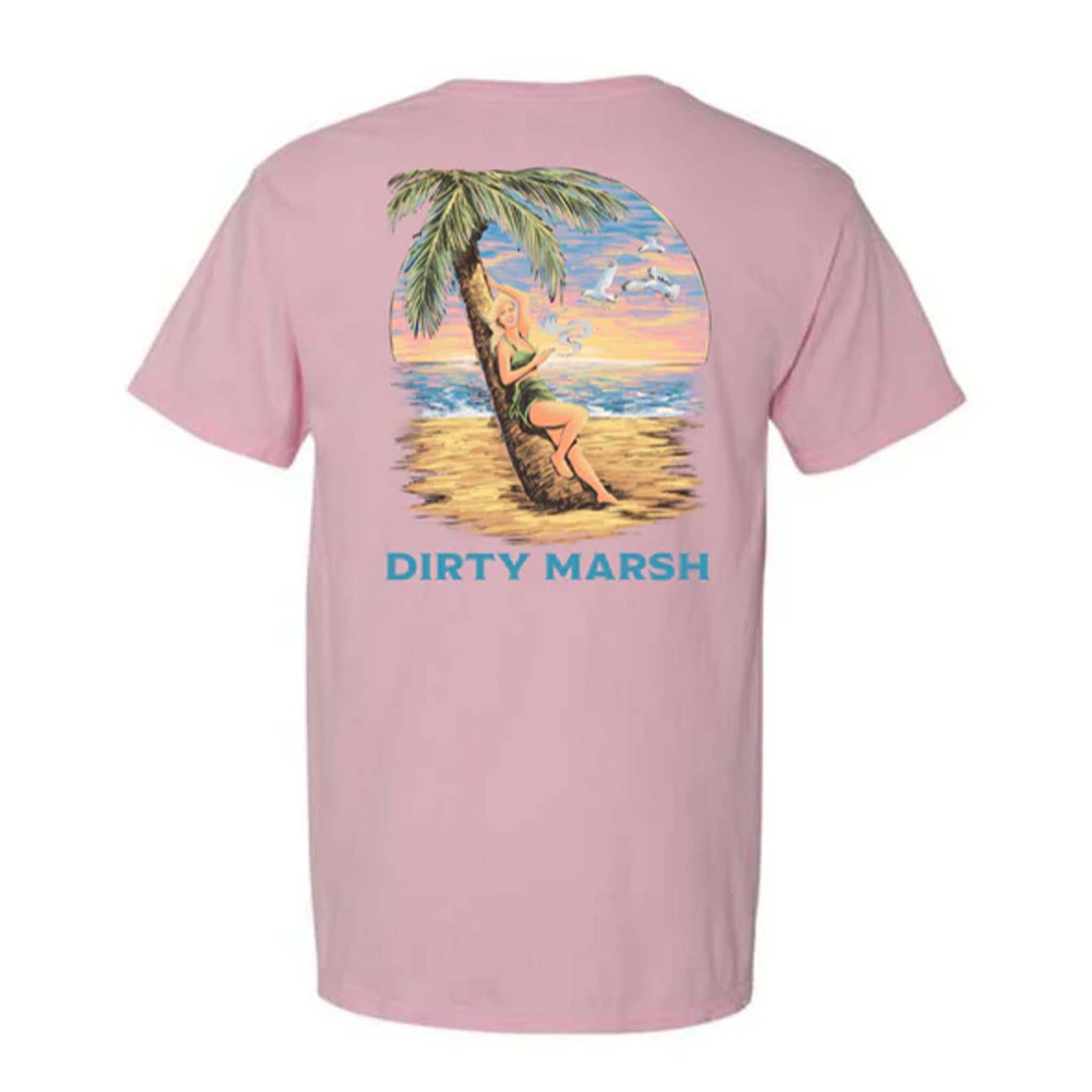 Dirty Marsh Outfitters Beach Girl Short Sleeve T-Shirt, sizes S-XXL, 100% cotton. Back view of pink t-shirt with a vintage-style beach girl leaning on a palm tree at sunset; "Dirty Marsh" text below the scene.