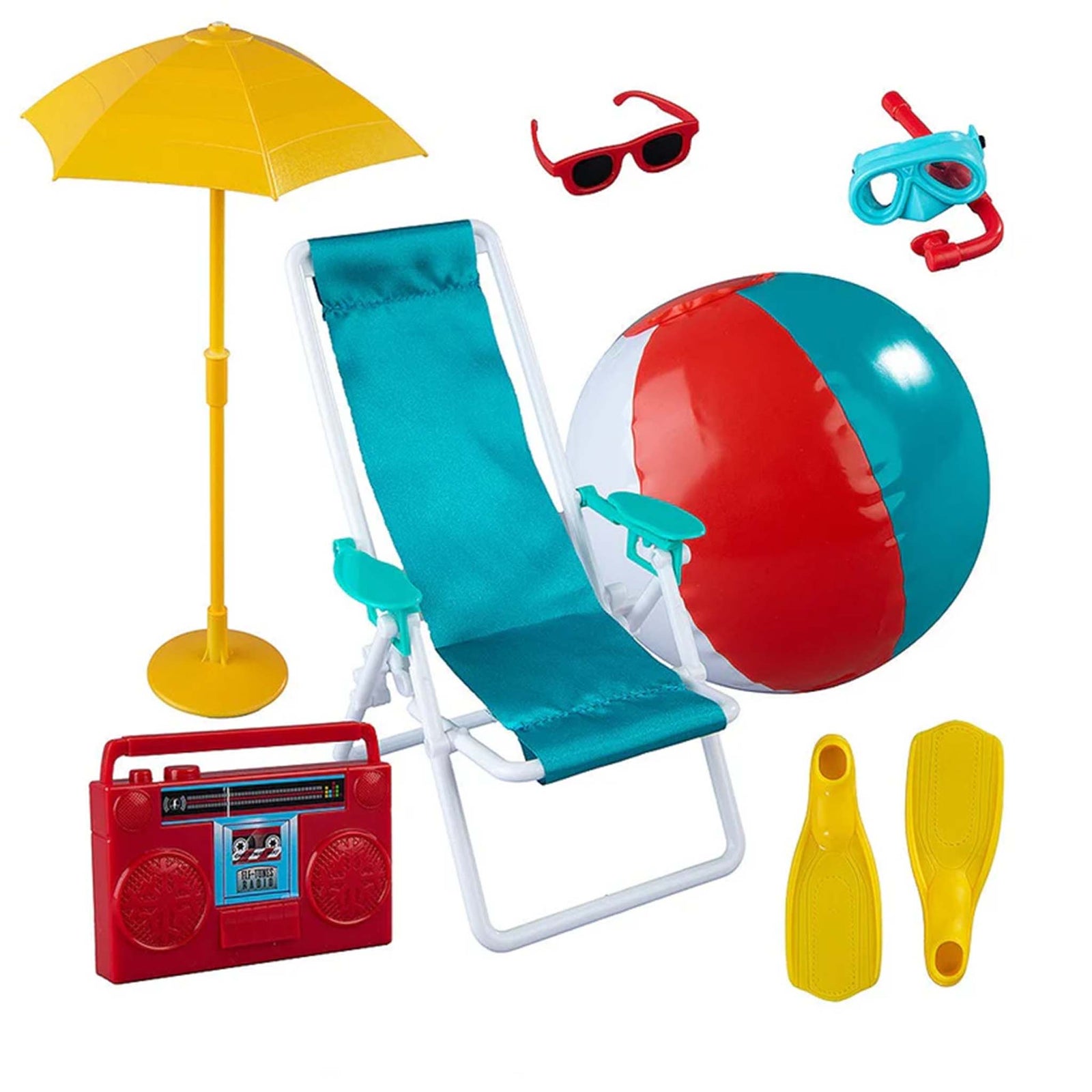 Collection of beach-themed toys including a yellow umbrella, blue and red beach ball, green lounge chair, red radio, yellow flippers, and red sunglasses for Elf On The Shelf on a white background.