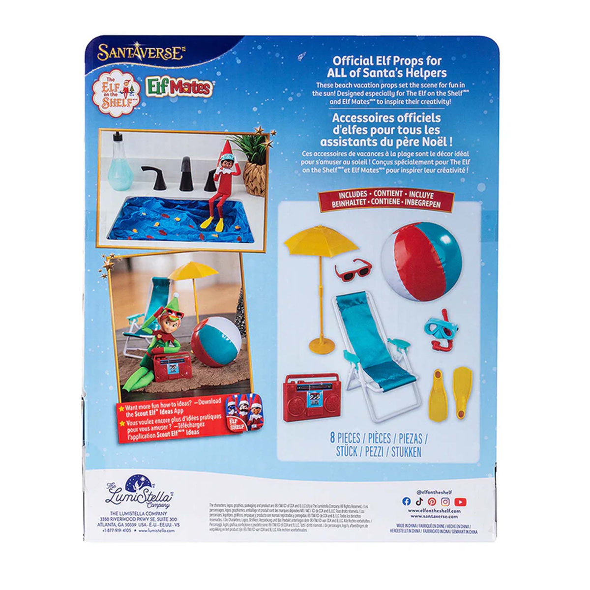 Product packaging for Elf on the Shelf accessories with Elf Mates and beach-themed items.