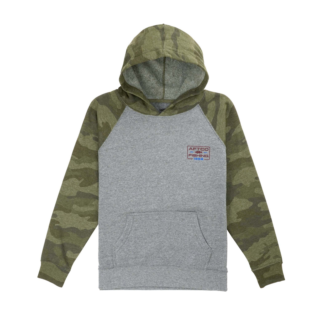 Youth AFTCO gray hoodie with camo sleeves and hood, small chest logo reading “AFTCO Fishing Est. 1958,” and front pocket.