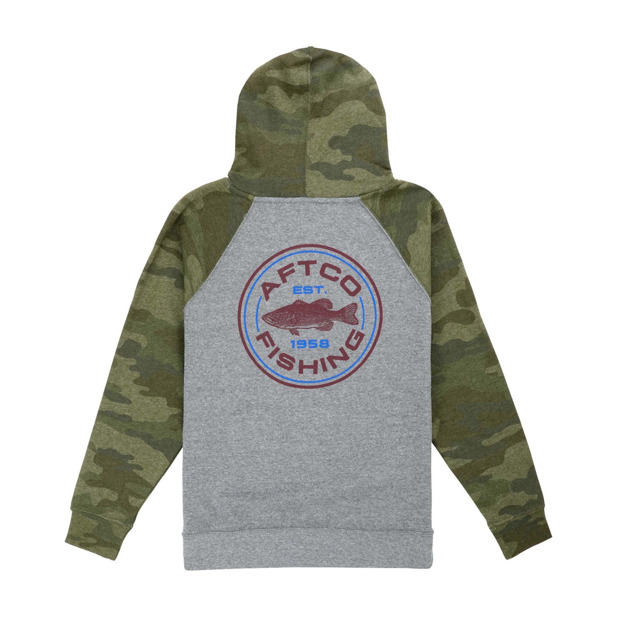 Youth AFTCO gray hoodie with camo sleeves and hood, featuring large red circular back graphic reading “AFTCO Fishing Est. 1958.”