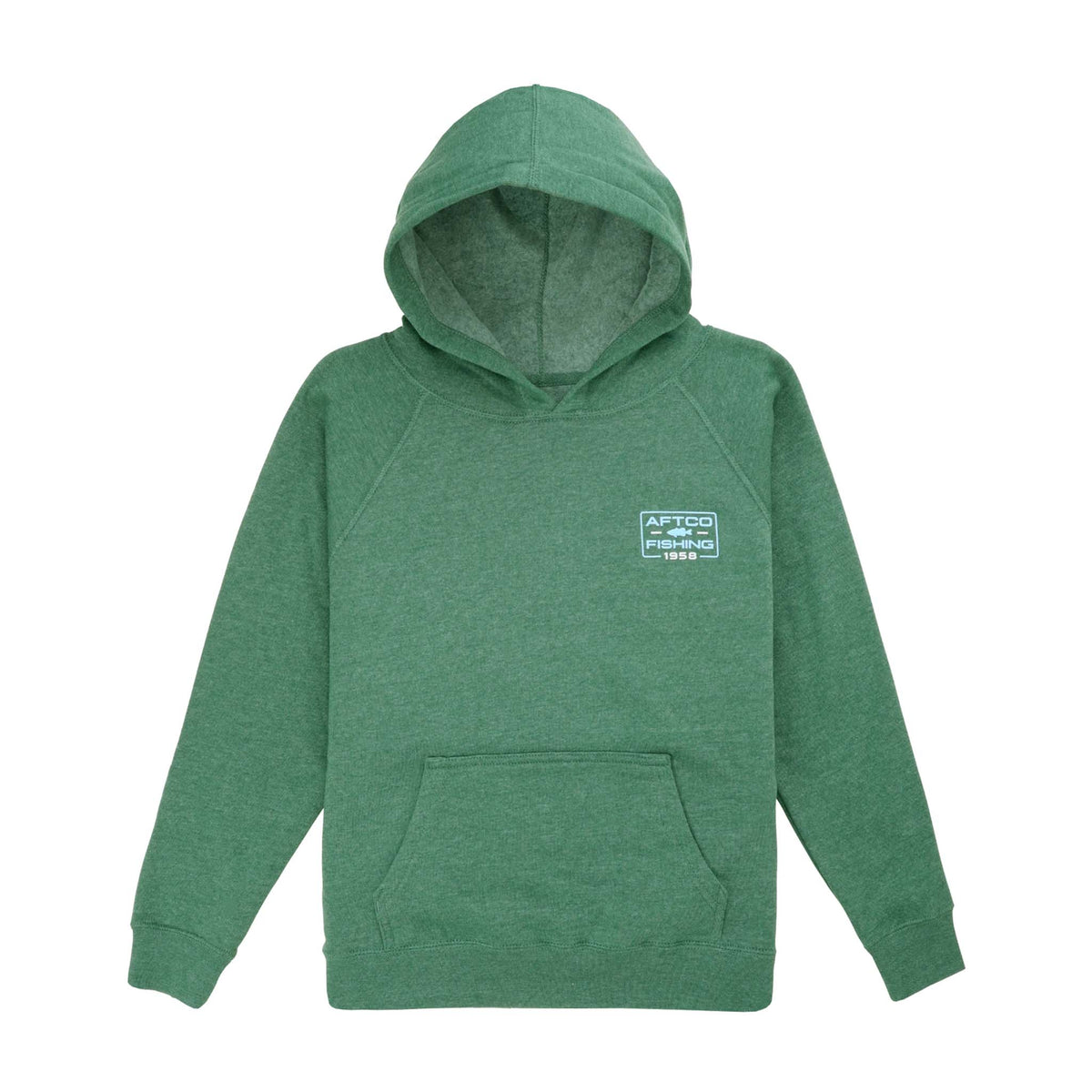 Youth AFTCO green hoodie with small chest logo reading “AFTCO Fishing 1958” and front pocket.