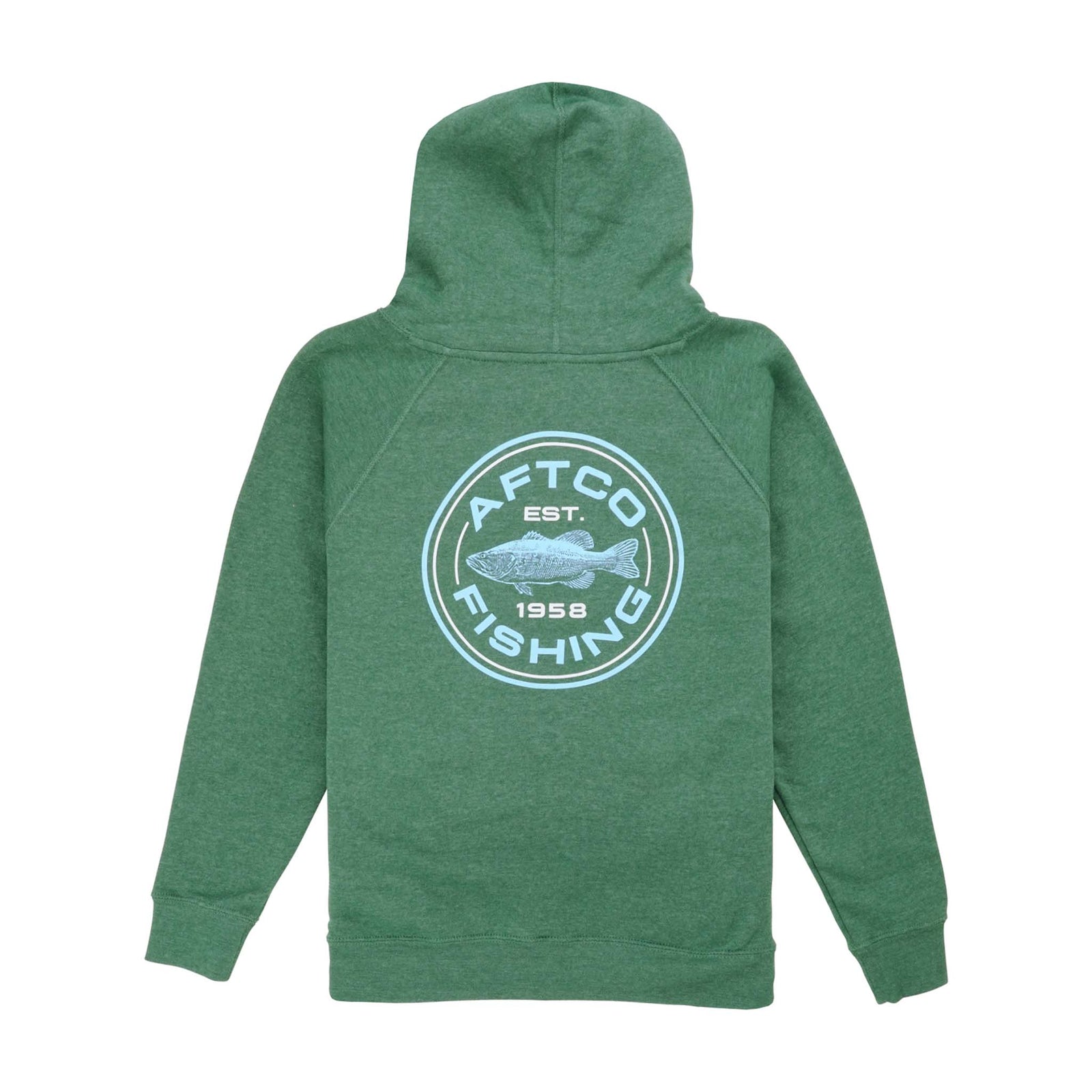 Youth AFTCO green hoodie with large circular blue back graphic reading “AFTCO Fishing Est. 1958.”
