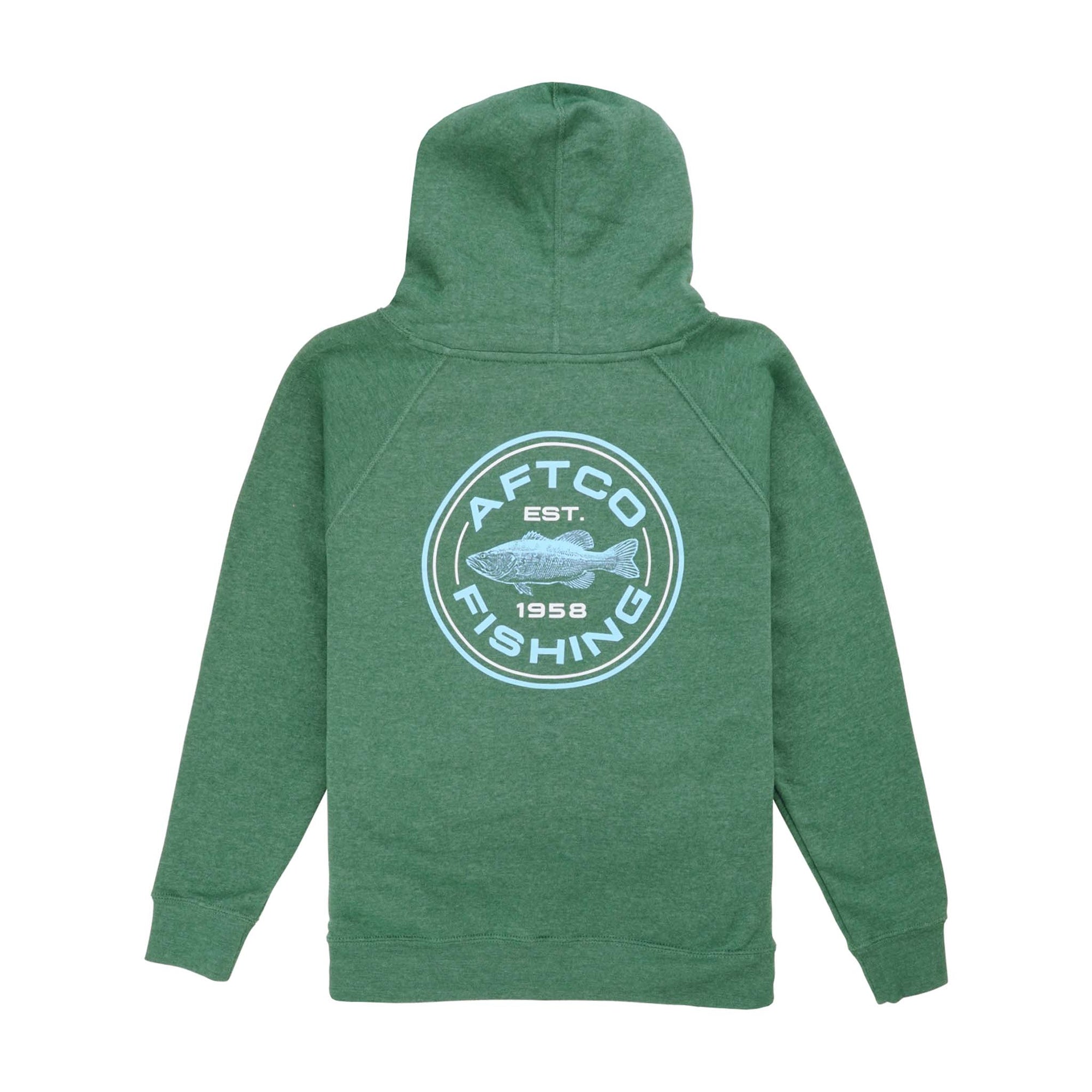 Youth AFTCO green hoodie with large circular blue back graphic reading “AFTCO Fishing Est. 1958.”