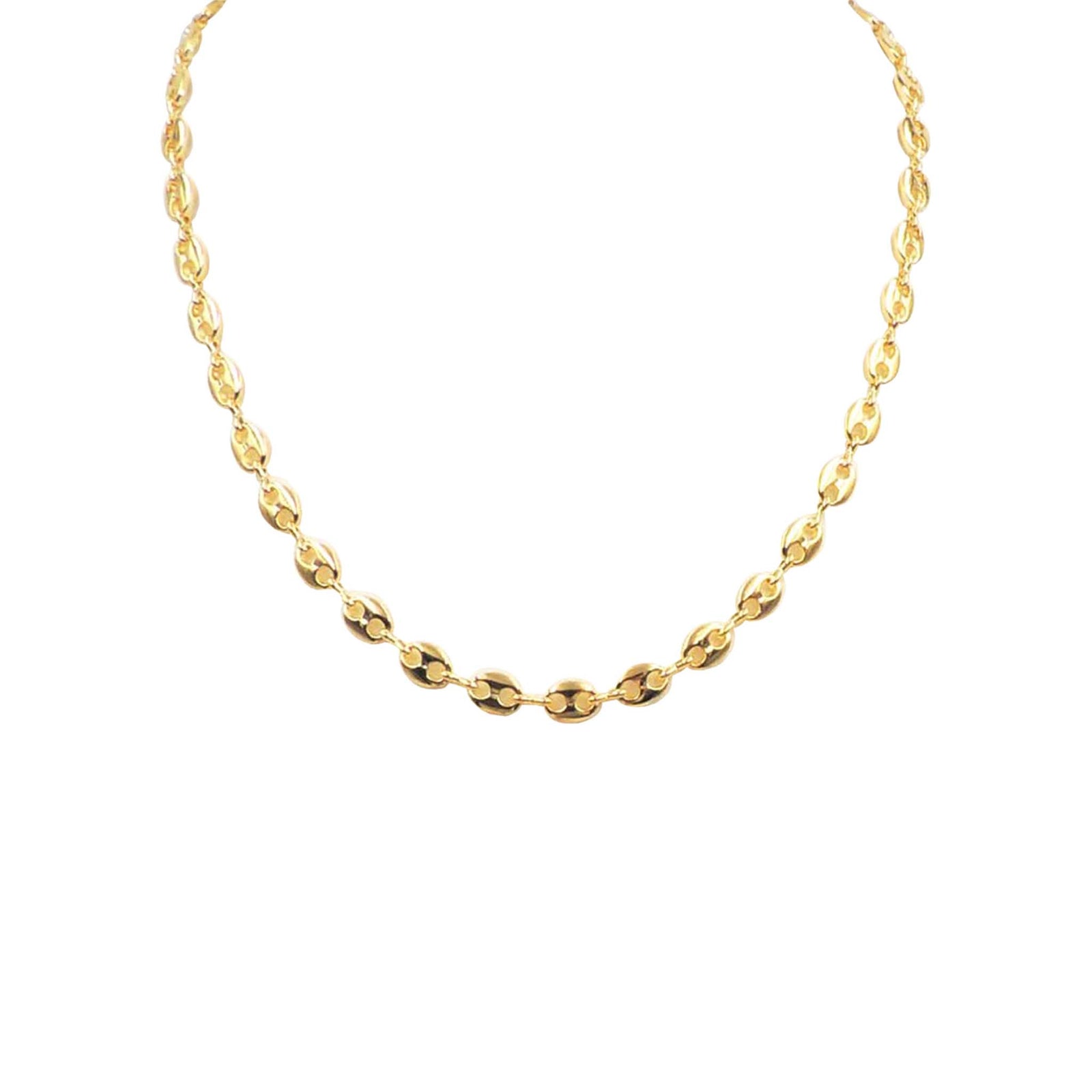 Mariner style gold chain necklace on a white background.