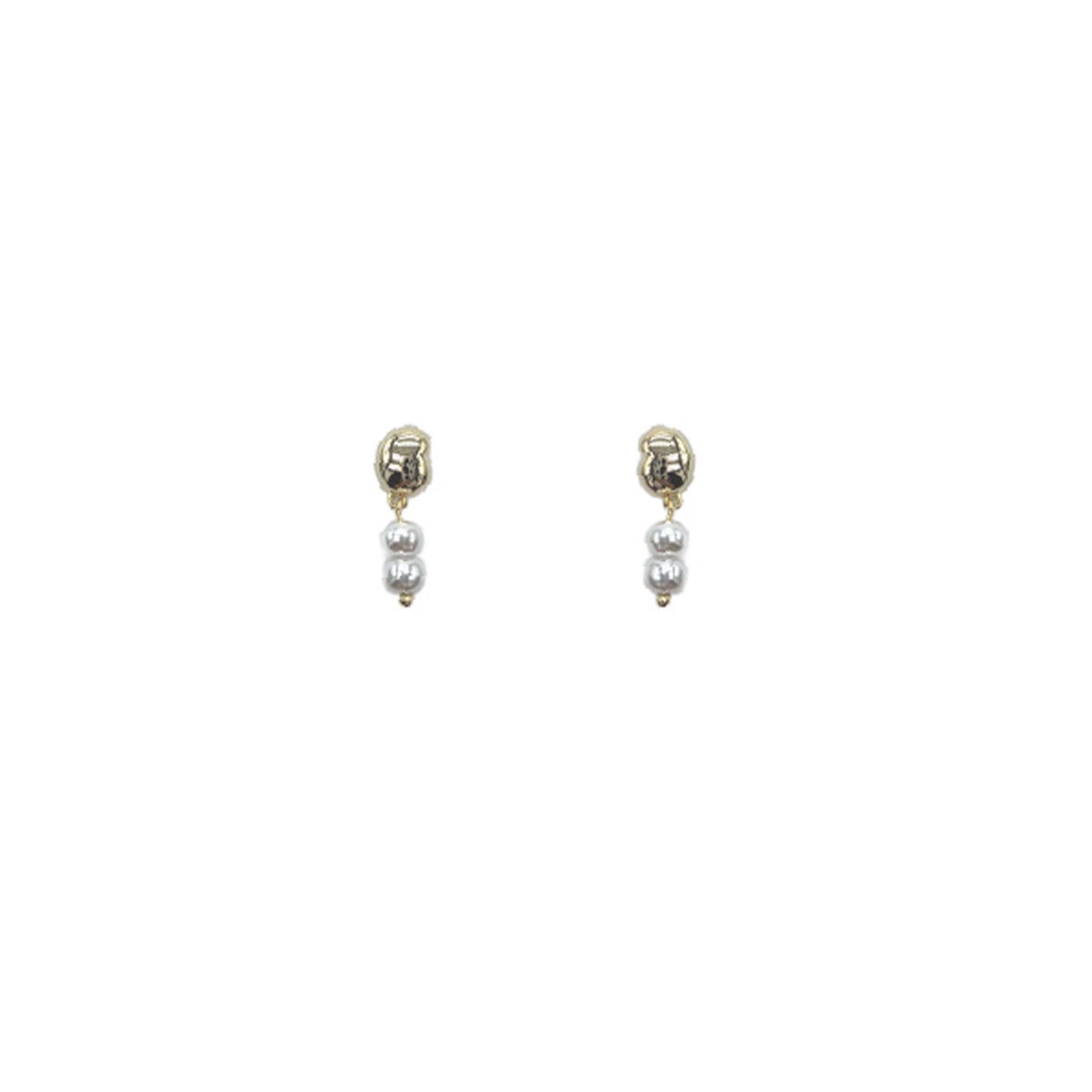 Blanche Design Co Double Pearl Drop Earrings with gold stud top and two pearl drops, shown against white background.