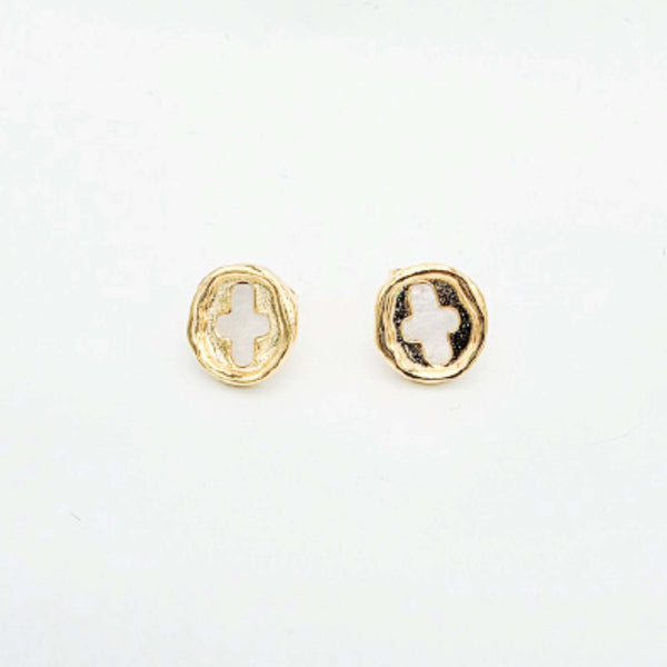 Gold earrings with a central cut-out design on a white background