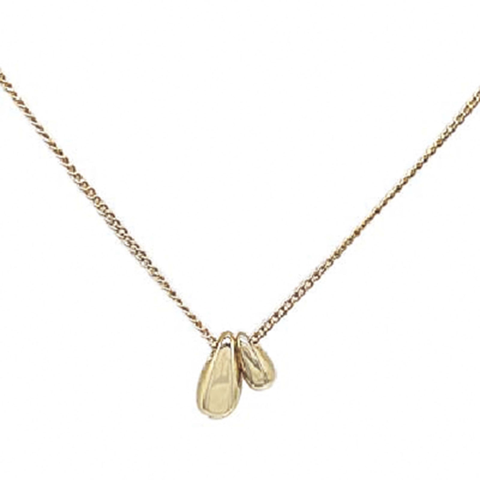 Gold chain necklace with two polished gold teardrop pendants.