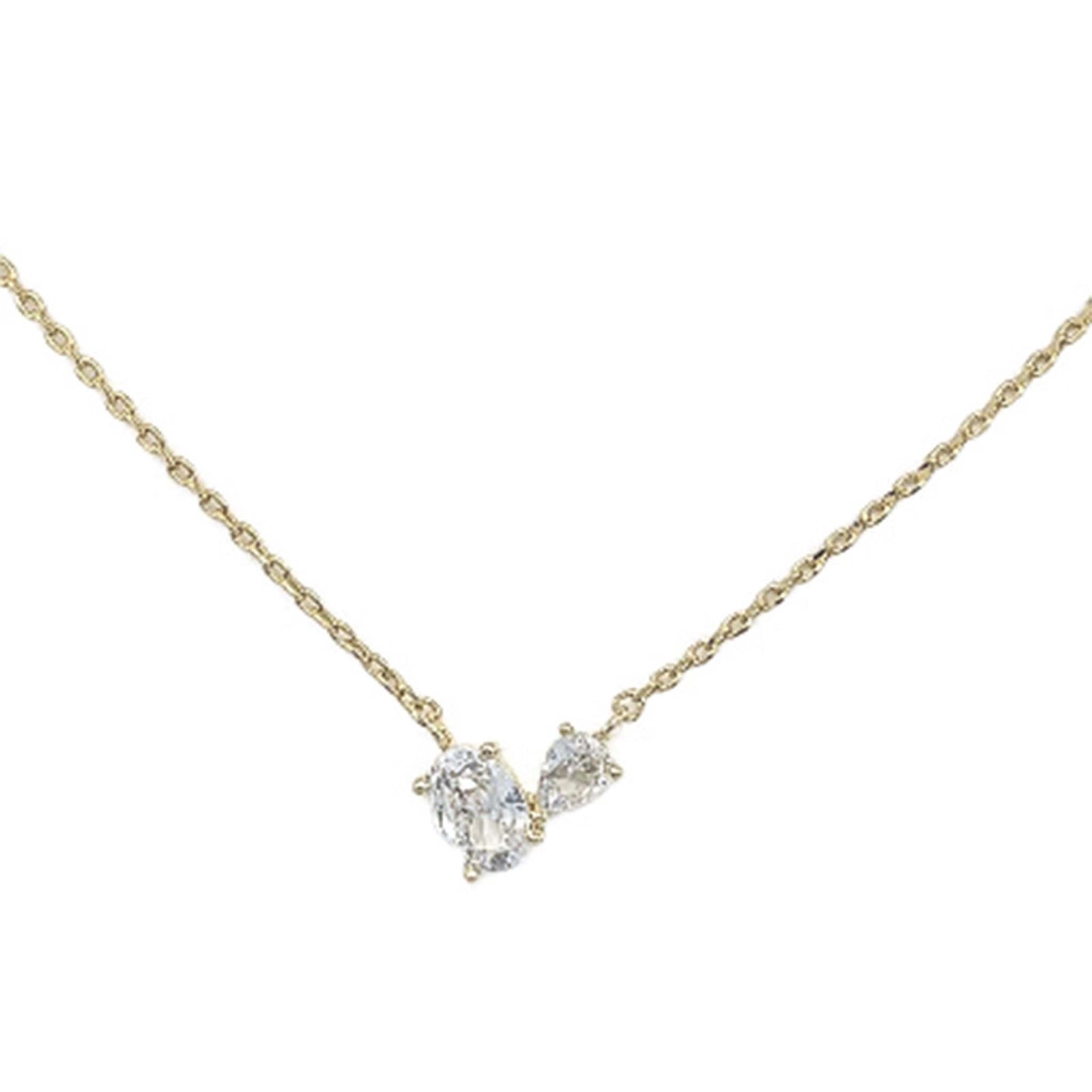 A dainty gold chain holds two asymmetrical clear stones for a contemporary sparkle that works for everyday wear or special occasions.