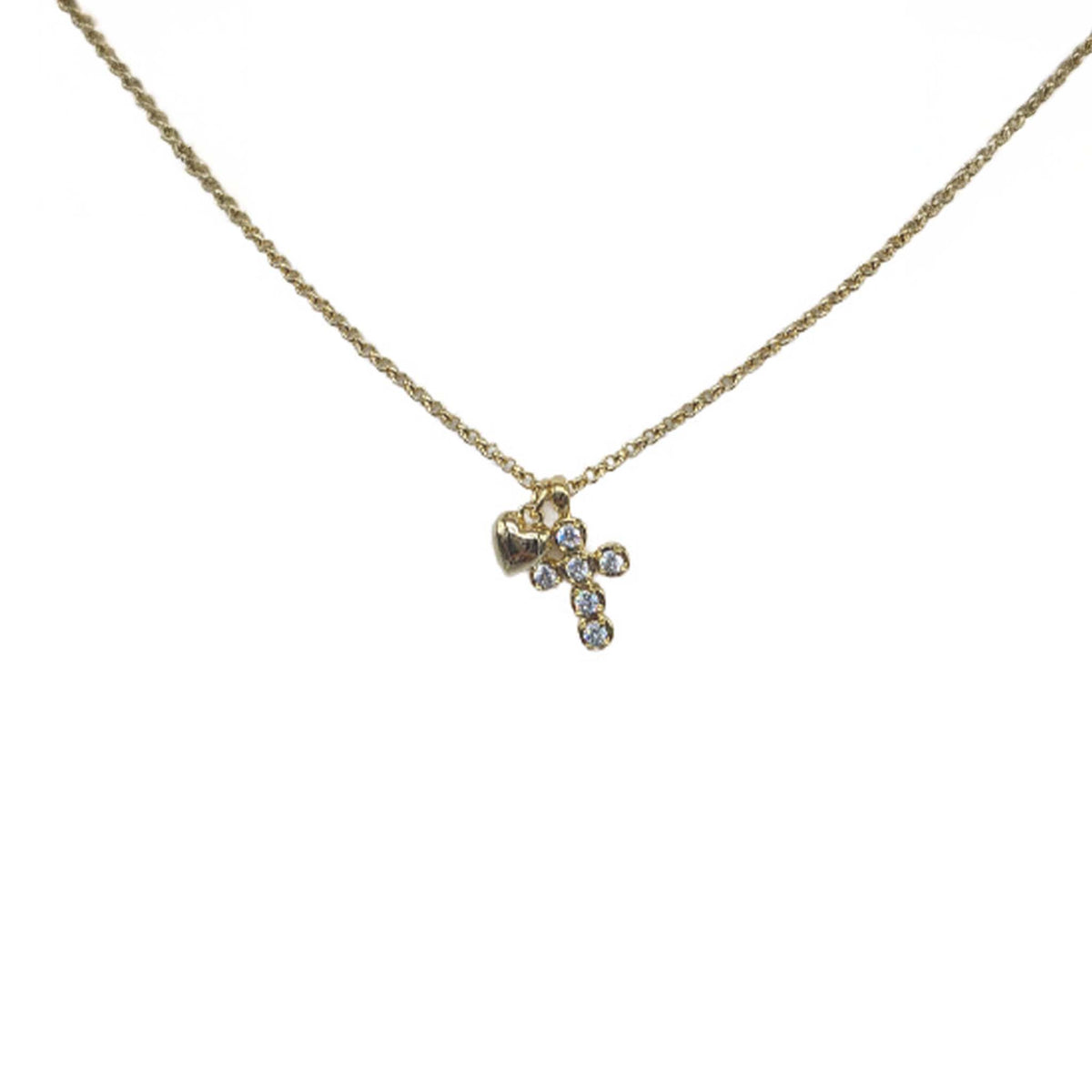 Tiny Heart and Crystal Cross Gold Necklace by Blanche Designs