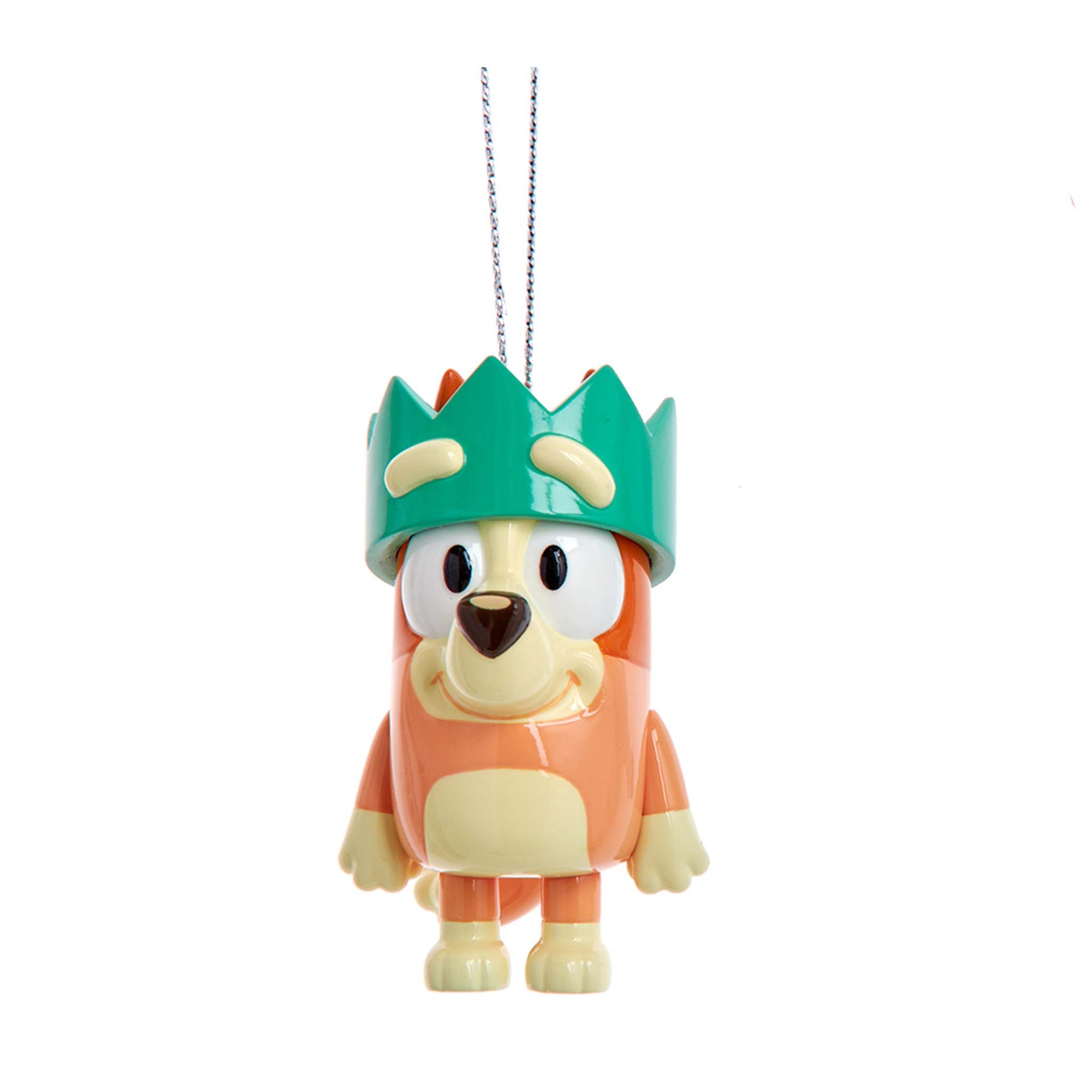Bingo Bluey ornament with green crown, smiling character hanging ornament.