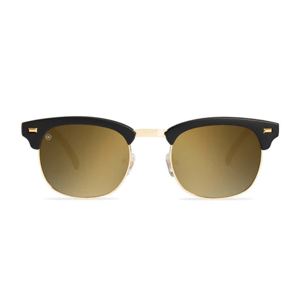 Front view of black and gold sunglasses
