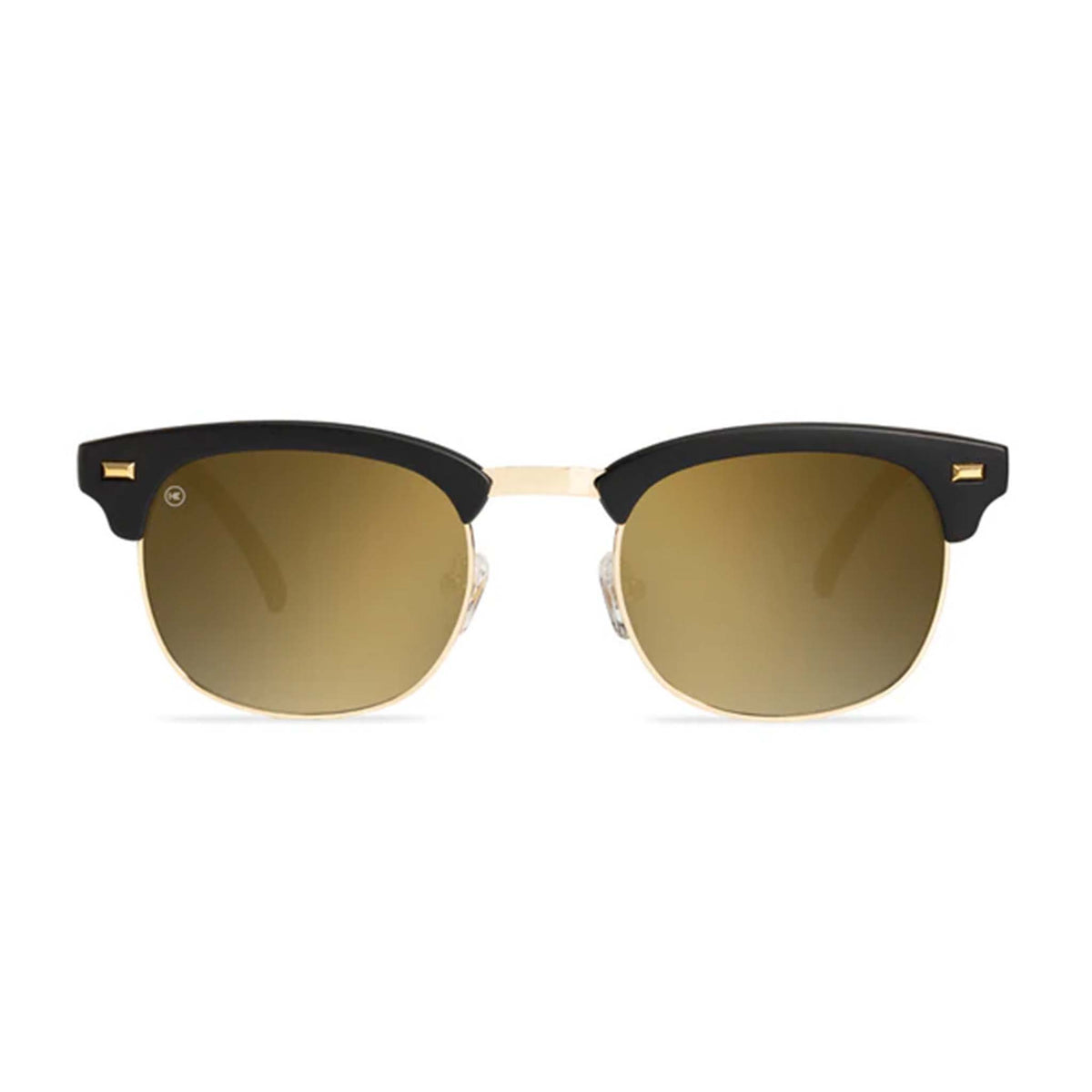Front view of black and gold sunglasses
