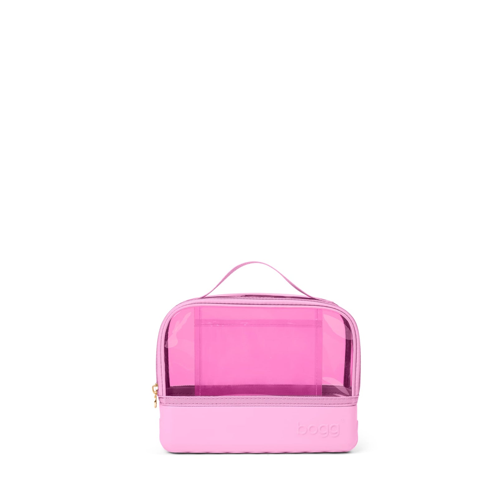 Pink transparent cosmetic bag with a handle on a white background by Bogg Bagg