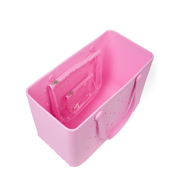 Top view of the Pink Taffy Original Bogg Bag showing interior and two zippered pouches displayed on a white background.