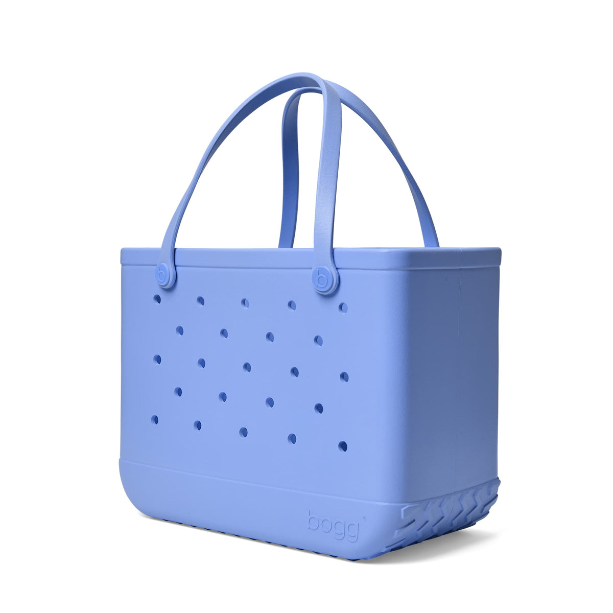 Angled view of the Original Bogg Bag in Periwinkle Blue with handles raised shown on a white background.