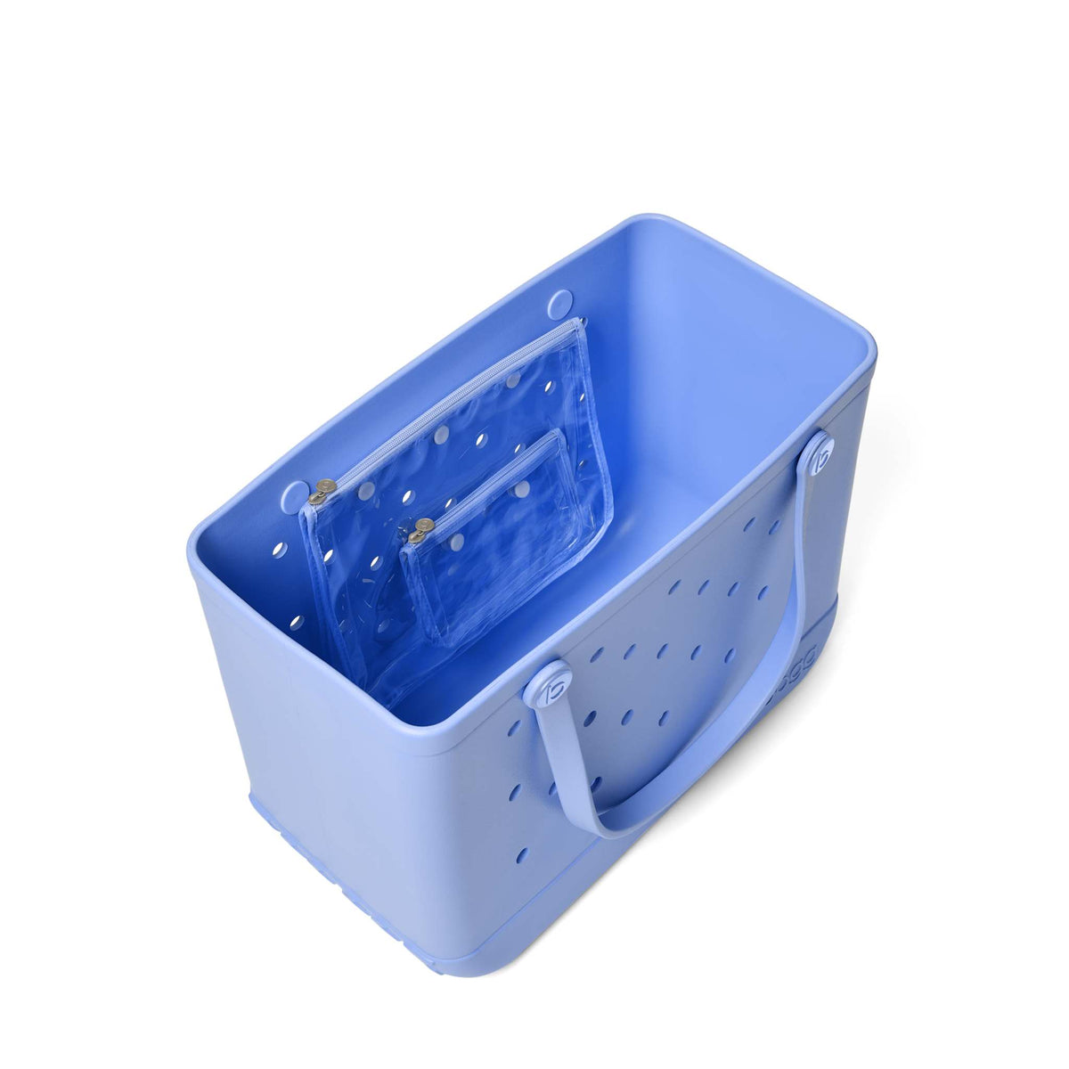 Overhead view of the Original Bogg Bag in Periwinkle Blue with handles raised shown on a white background.