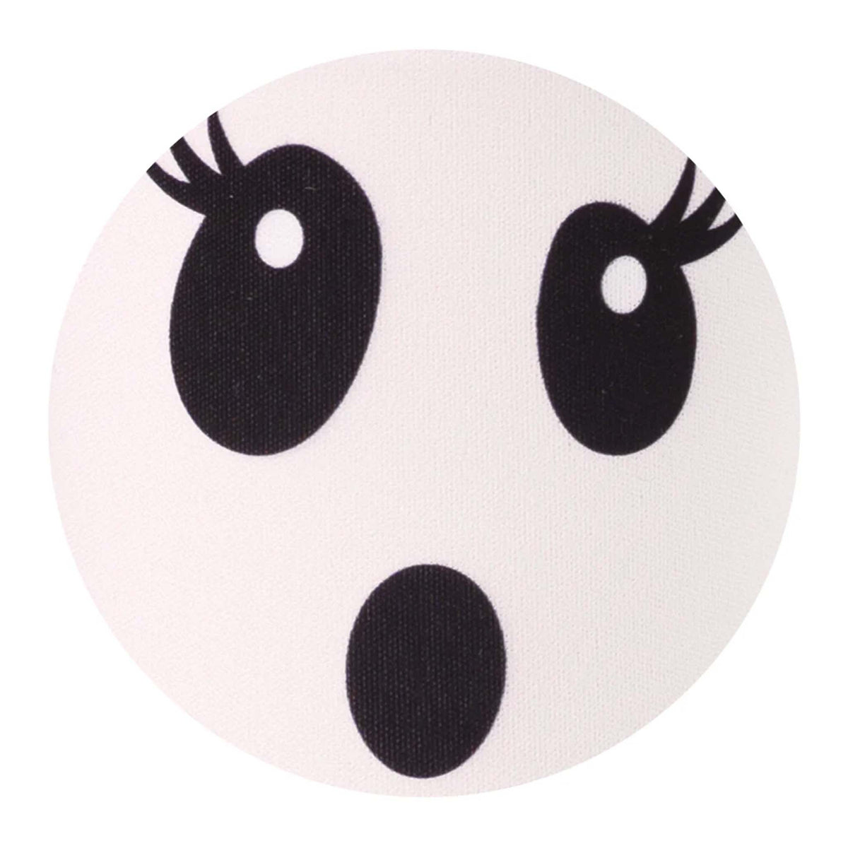 Close-up swatch of Boo Crew Ghost design showing wide-eyed ghost face with lashes on pale pink background.