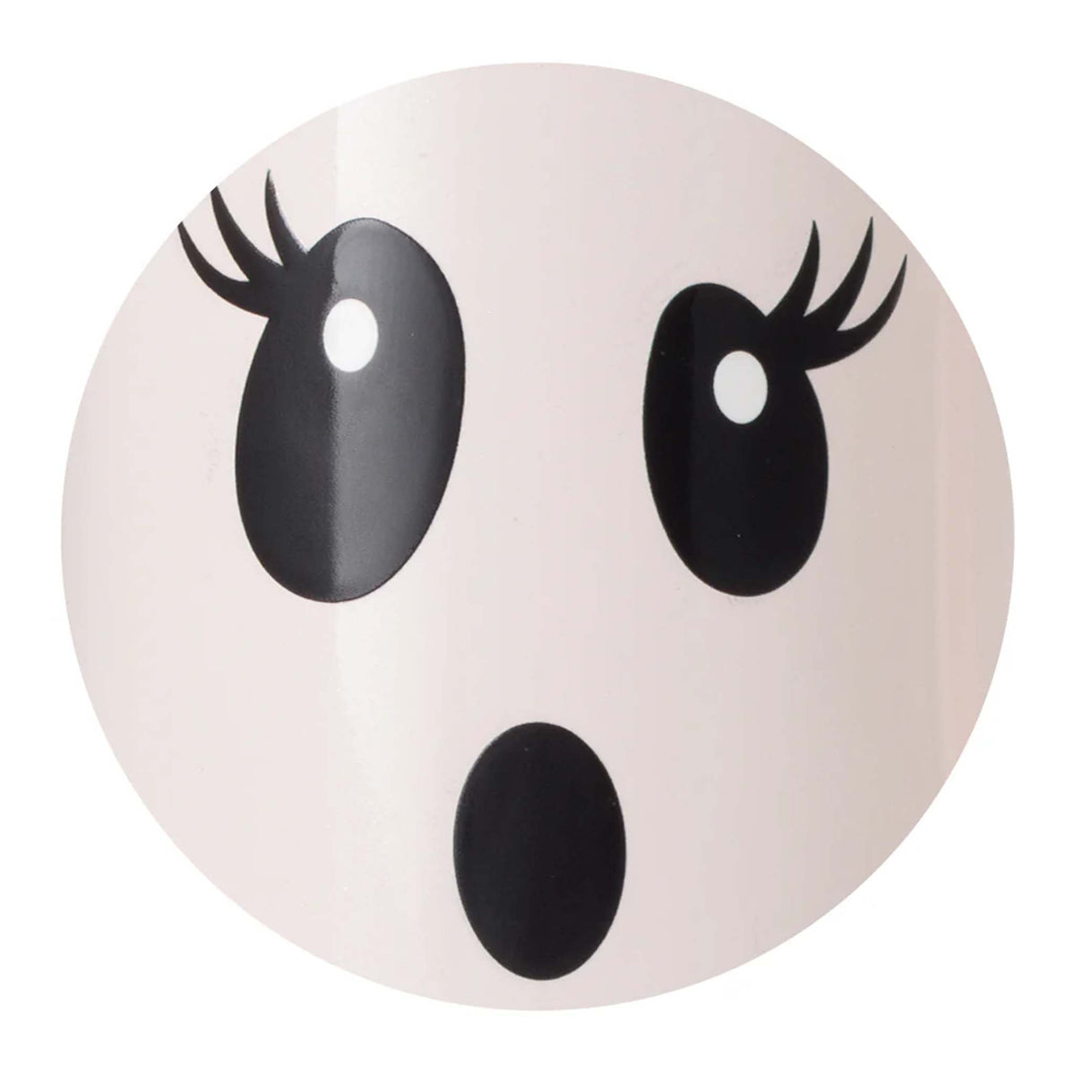 Close-up of Boo Crew Ghost design featuring wide black eyes with lashes and open mouth on white background.