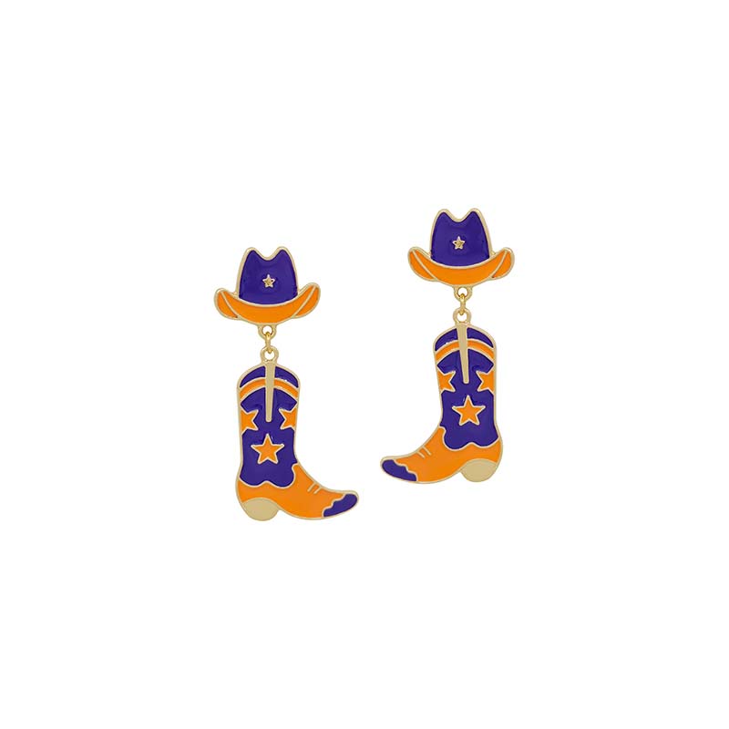 Collegiate Enamel Cowboy Boots and Hat Earrings in Purple and Orange