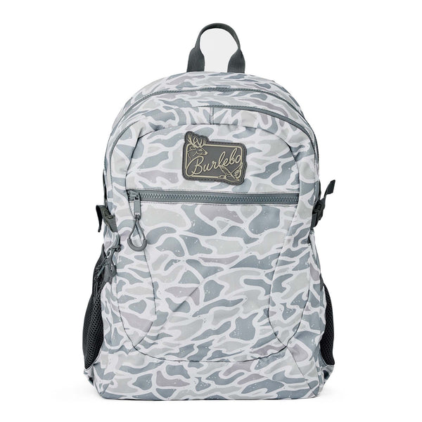 Burlebo backpack in white camo shown standing upright with front zipper pocket, Burlebo patch logo, and side mesh water bottle pockets.