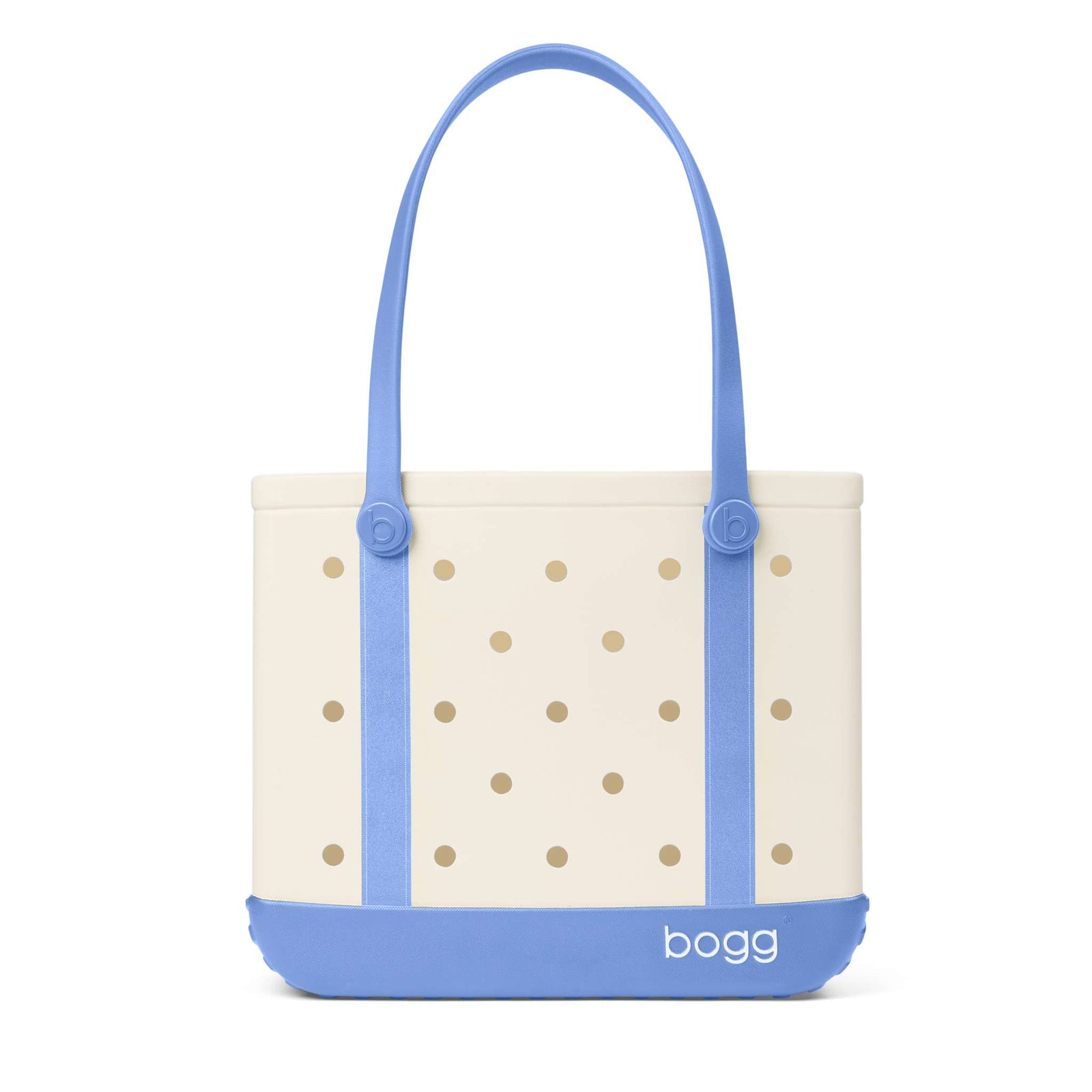Cream Bogg Bag with periwinkle blue accents shown with handles raised on a white background.
