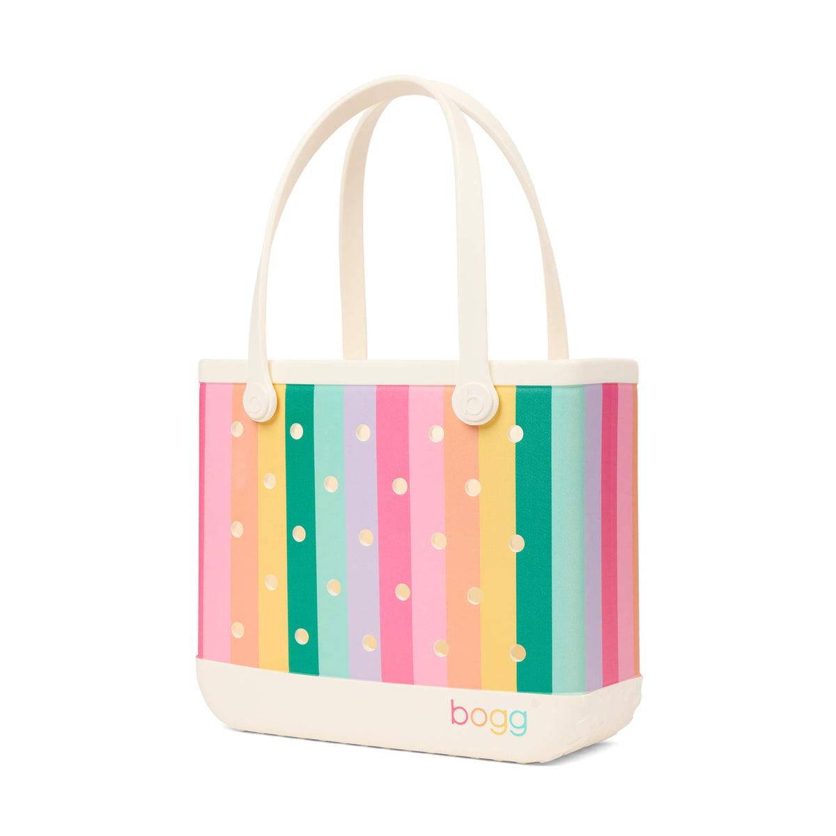 Angled view of Bogg Baby Bag in Color Burst featuring pastel stripe design and sturdy cream handles.
