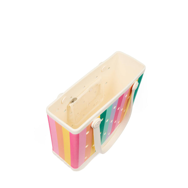 Top view of Bogg Baby Bag in Color Burst showing cream interior and structured waterproof design.