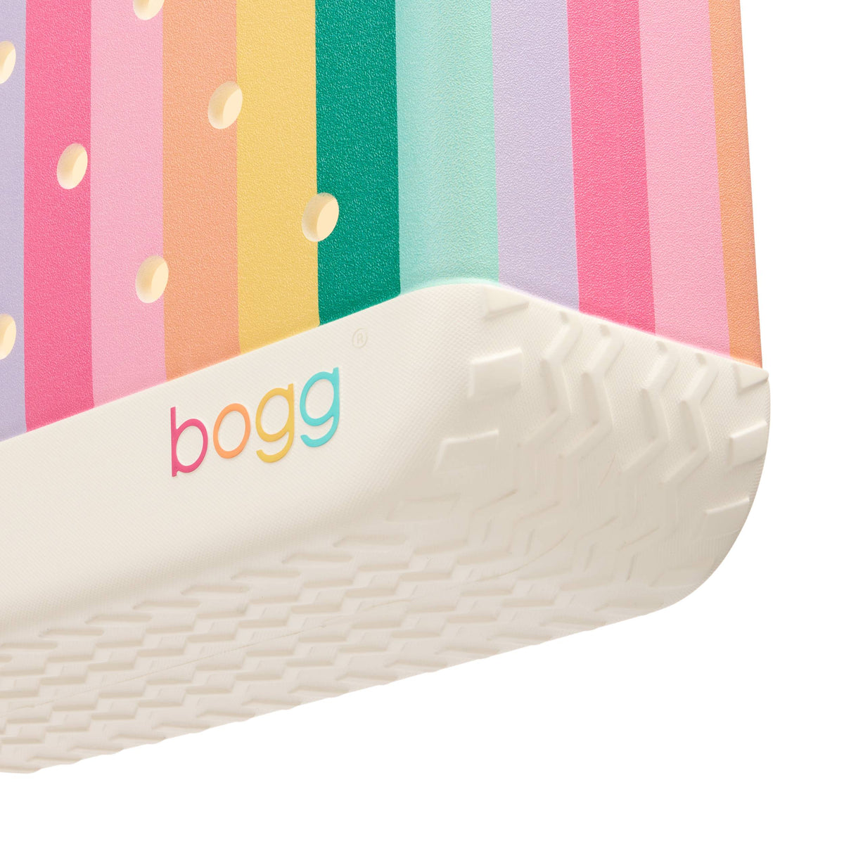 Close-up of cream textured bottom of Bogg Baby Bag in Color Burst with multicolor Bogg logo.