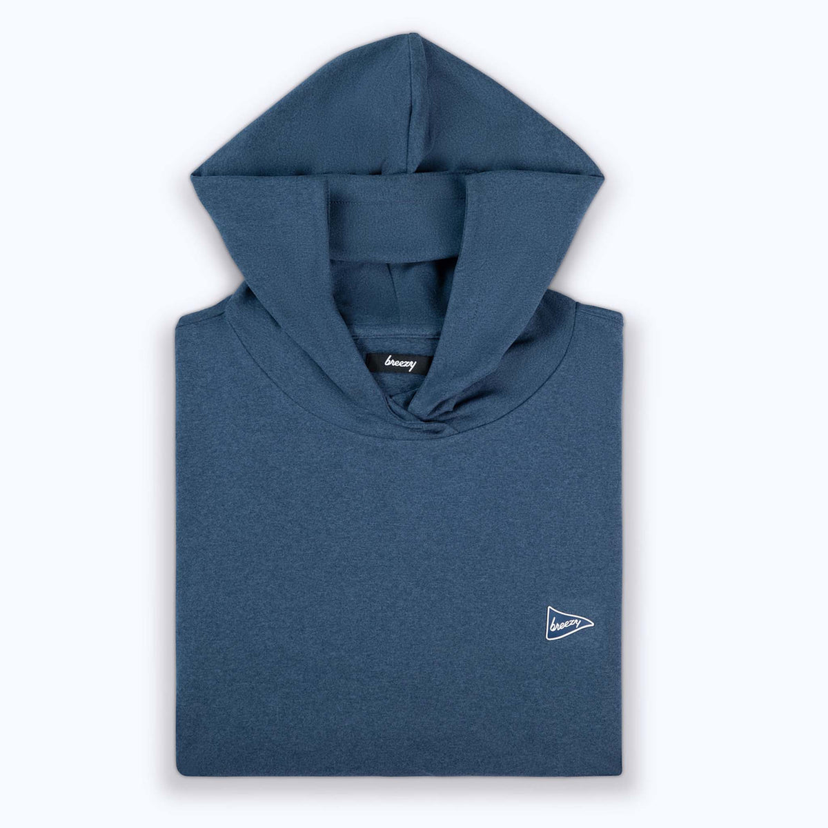 Folded navy Breezy hoodie with small white pennant logo on chest.