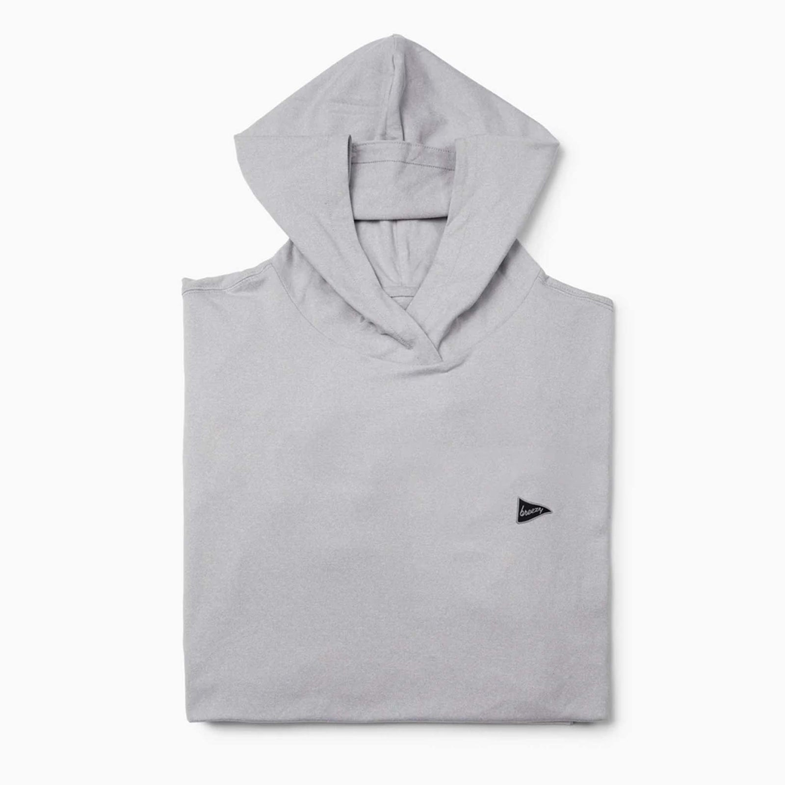 Folded Breezy grey hoodie with small black pennant logo on chest.