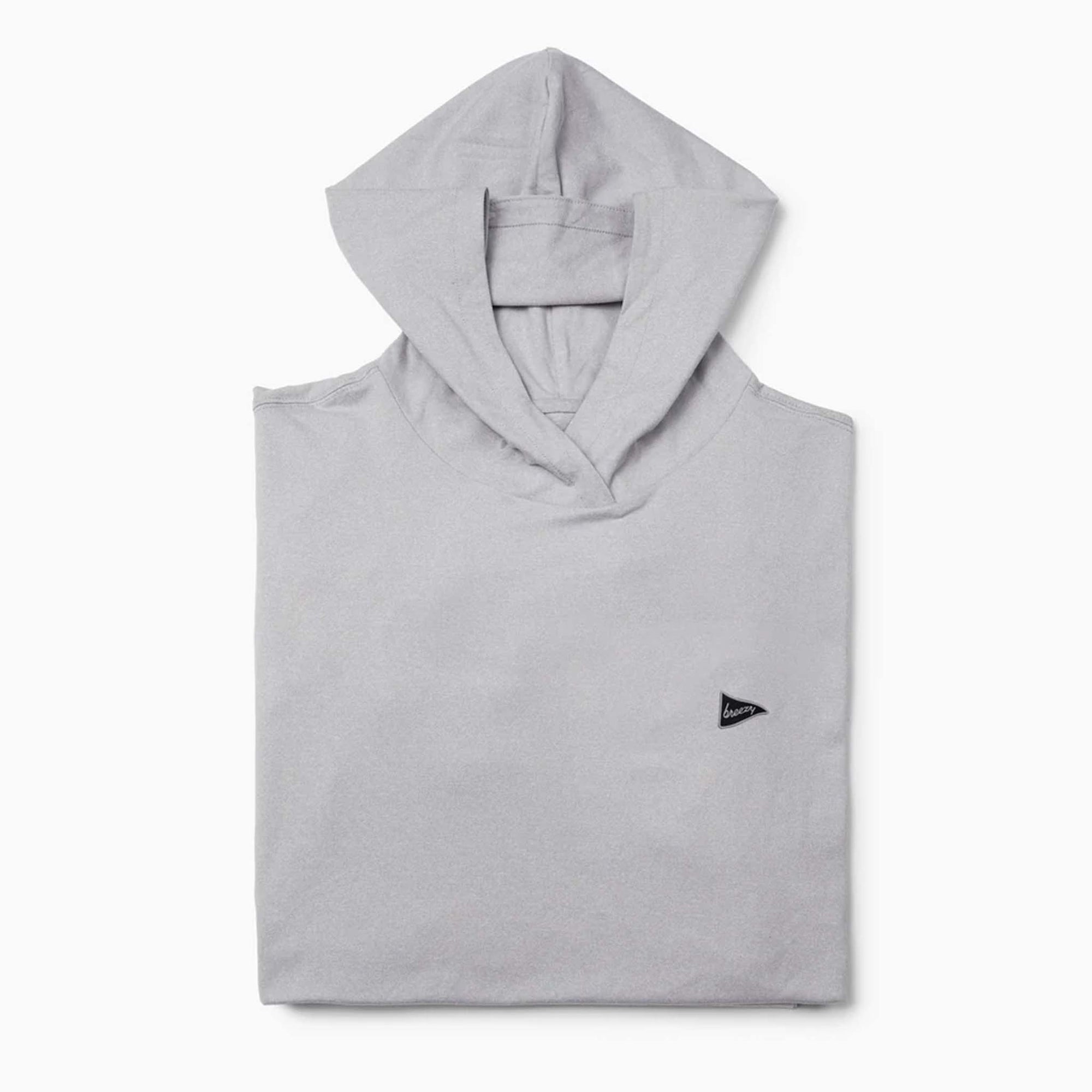 Folded Breezy grey hoodie with small black pennant logo on chest.