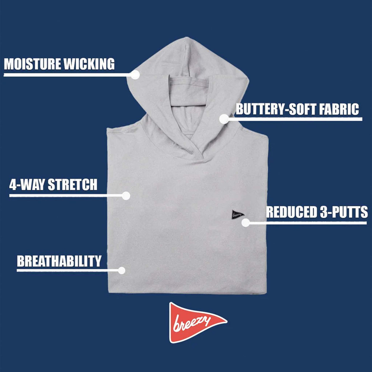 Graphic showing folded Breezy grey hoodie with callouts for moisture wicking, buttery-soft fabric, 4-way stretch, and breathability.