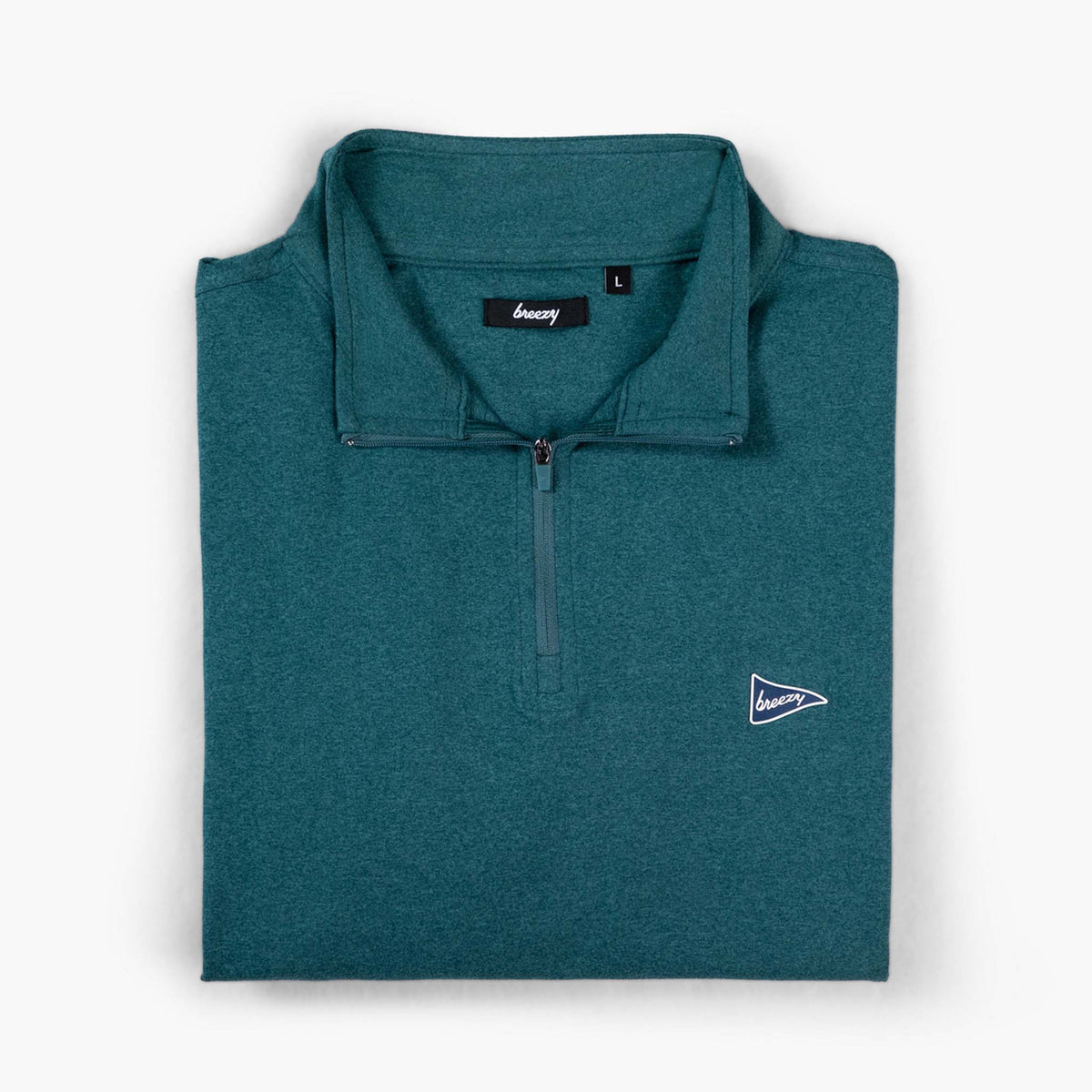 Folded Breezy quarter-zip pullover in forest green with half-zip collar and pennant logo on chest.