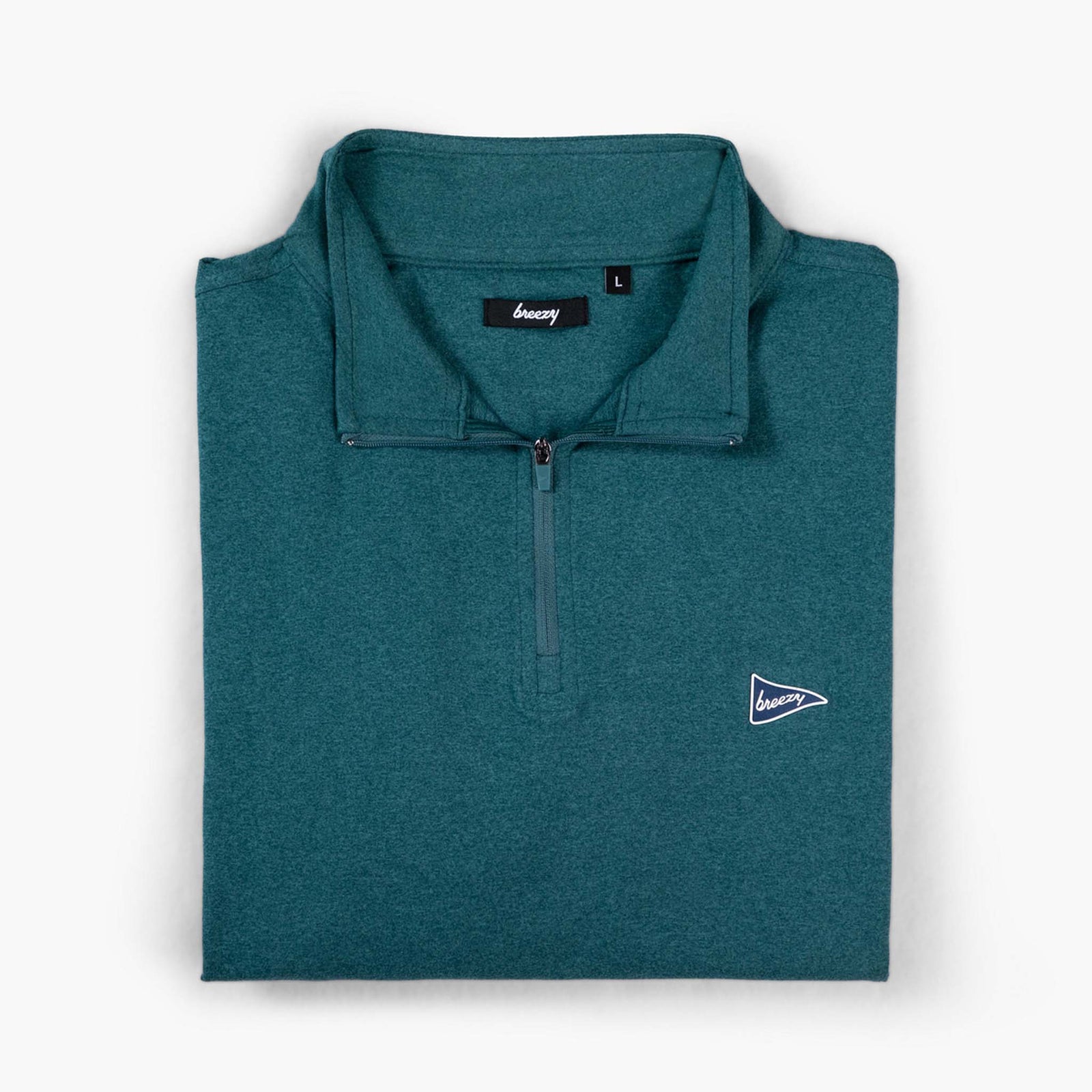 Folded Breezy quarter-zip pullover in forest green with half-zip collar and pennant logo on chest.