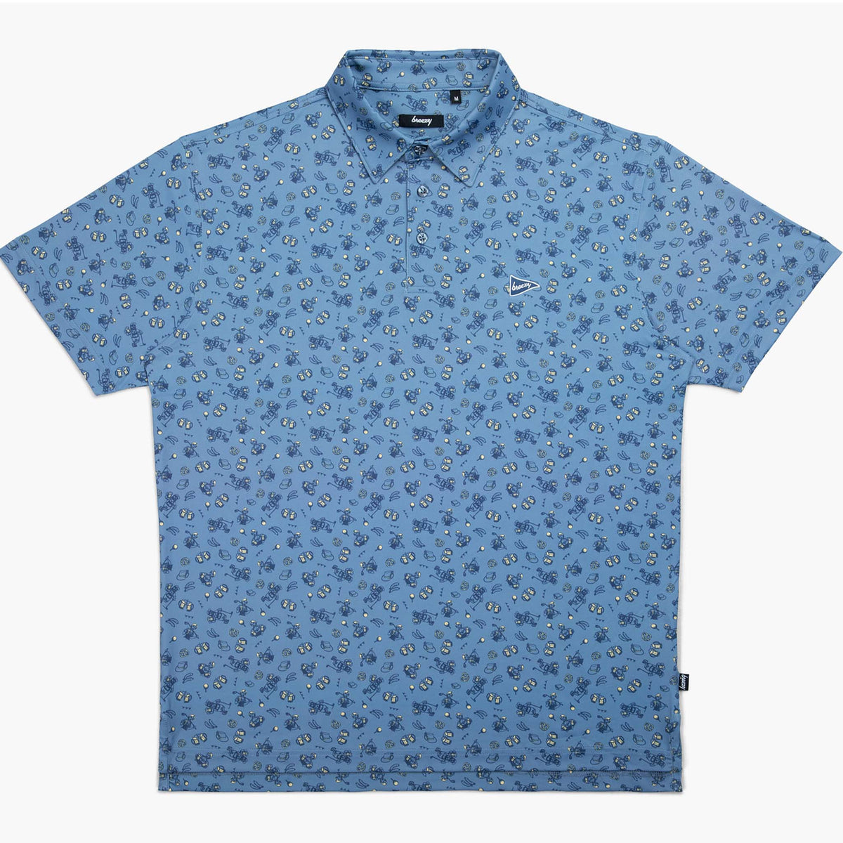 Breezy blue polo shirt with all-over Oktoberfest-themed print including pretzels, sausages, beer mugs, and golfers, laid flat to show full design.