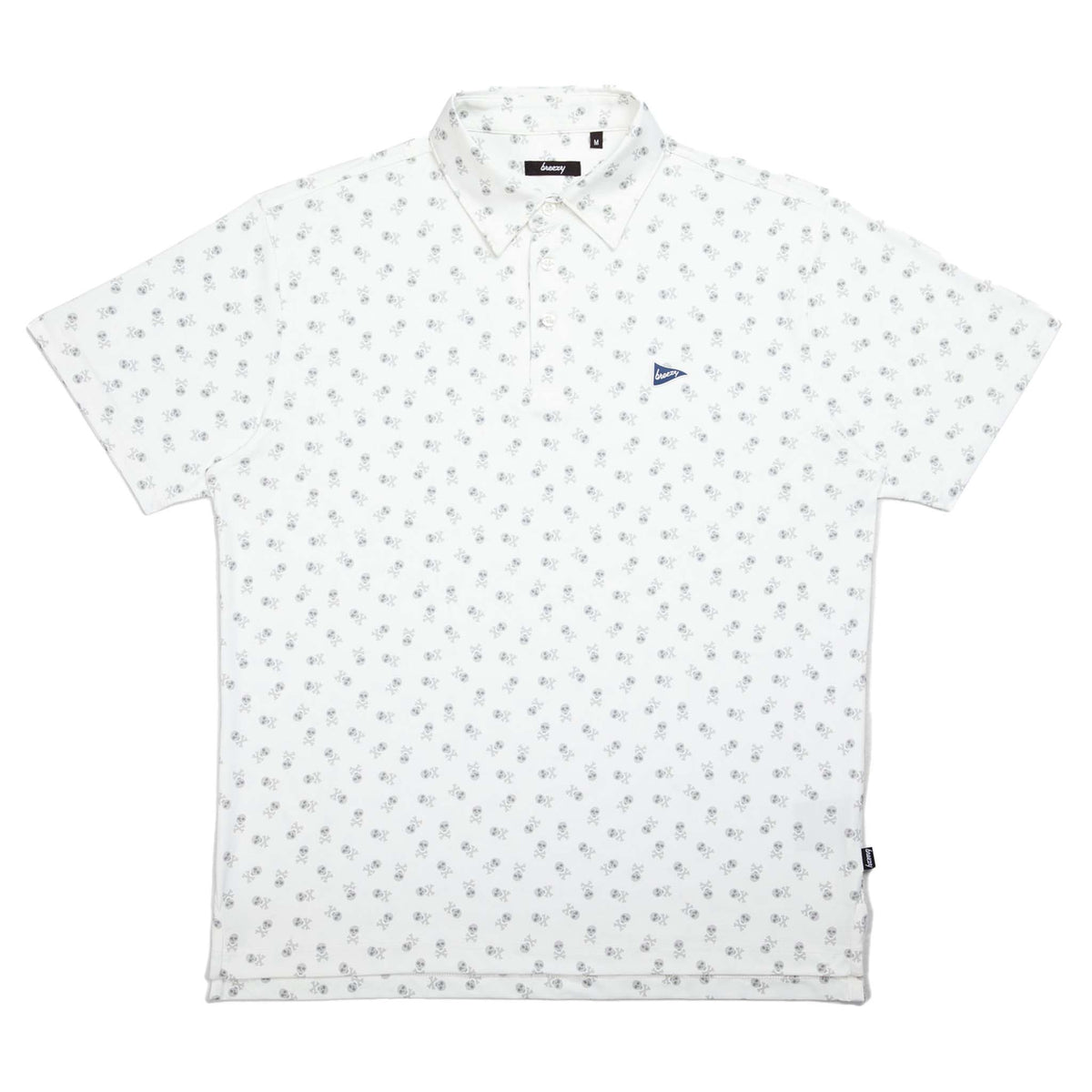 Flat lay of Breezy white skull and crossbones polo with short sleeves, three-button placket, and navy pennant logo patch detail.